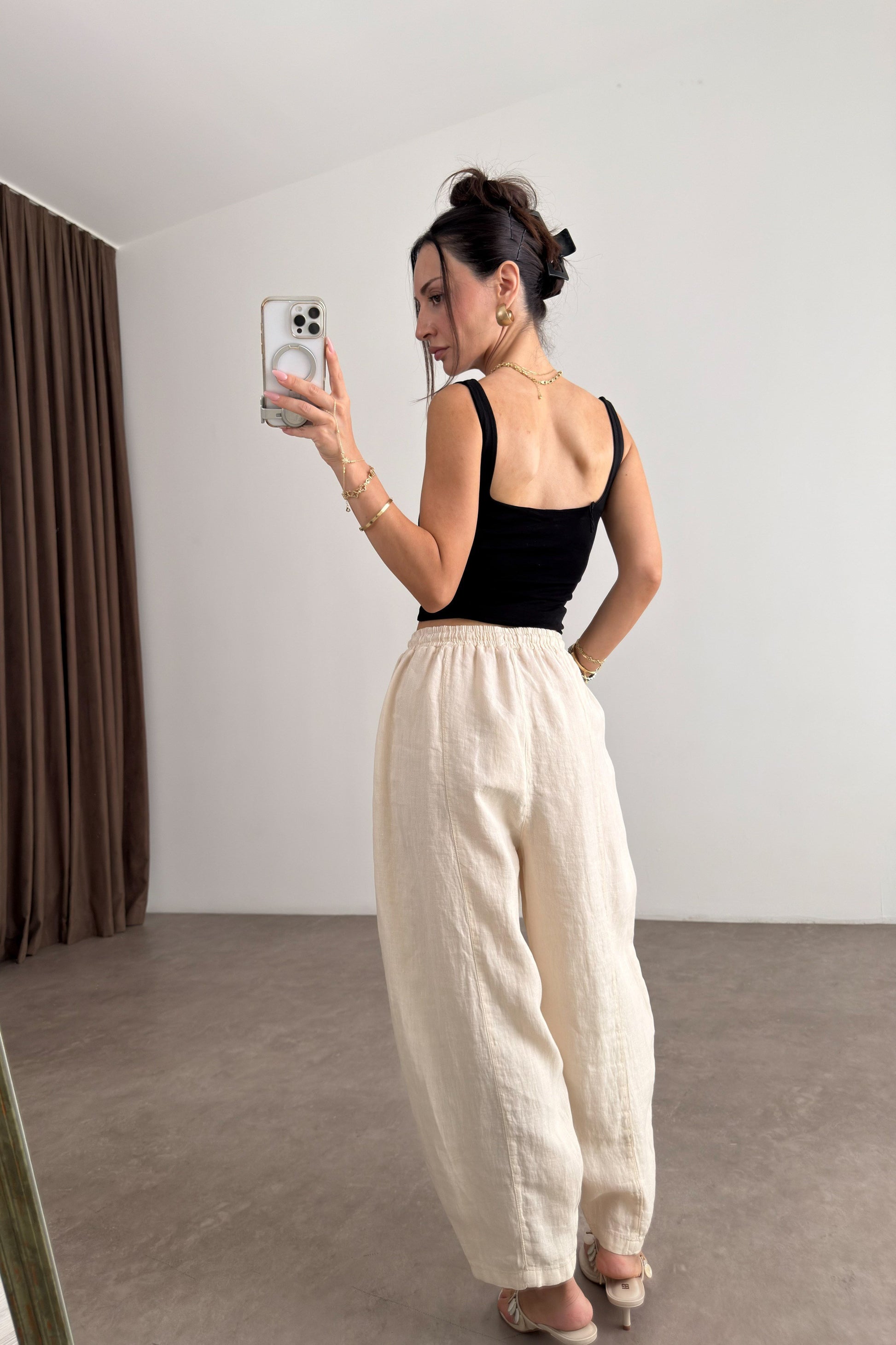 Premium Gramajlı Keten Ekru Balon Pantolon
