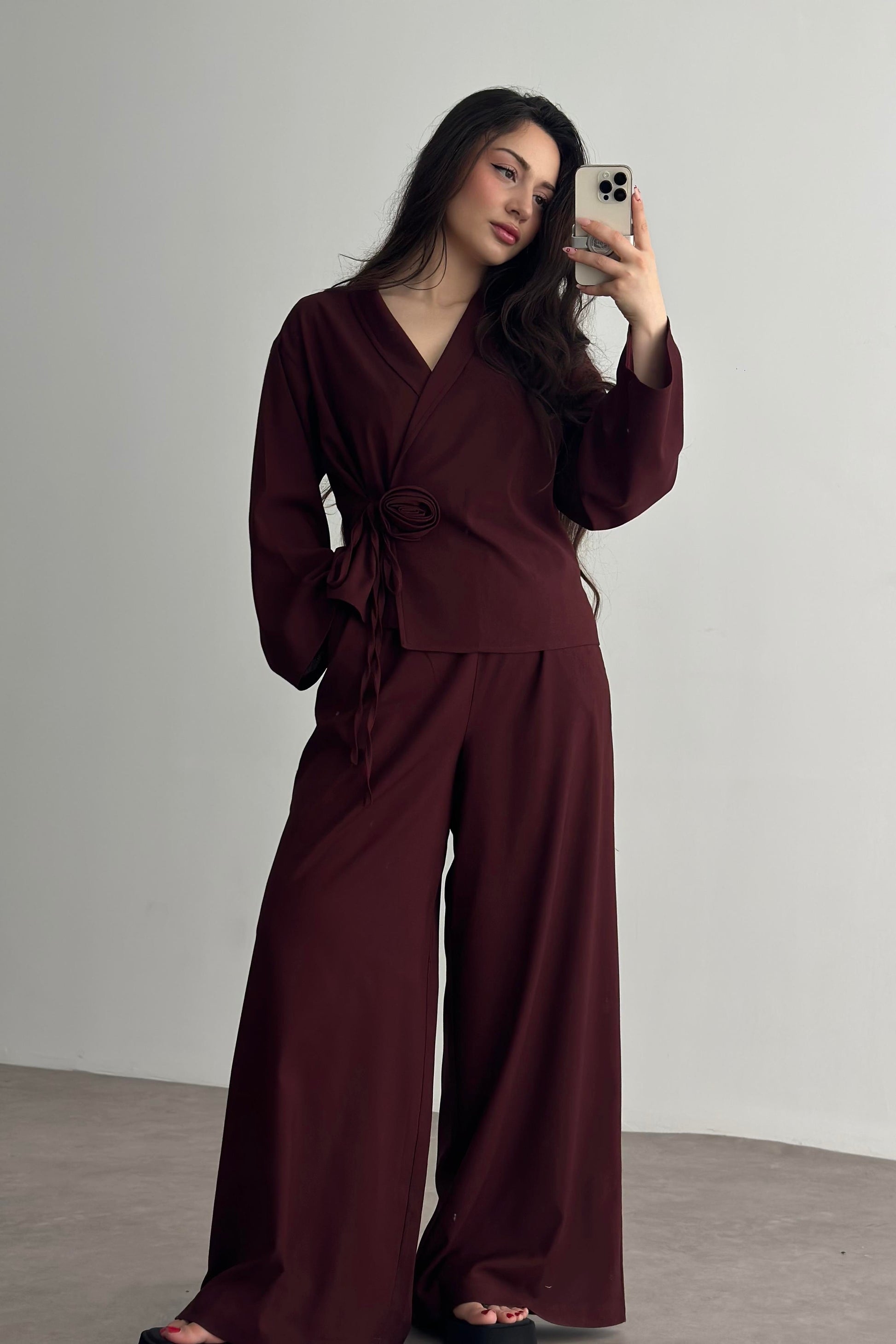 Premium Gül Detaylı Kimono Takım Bordo