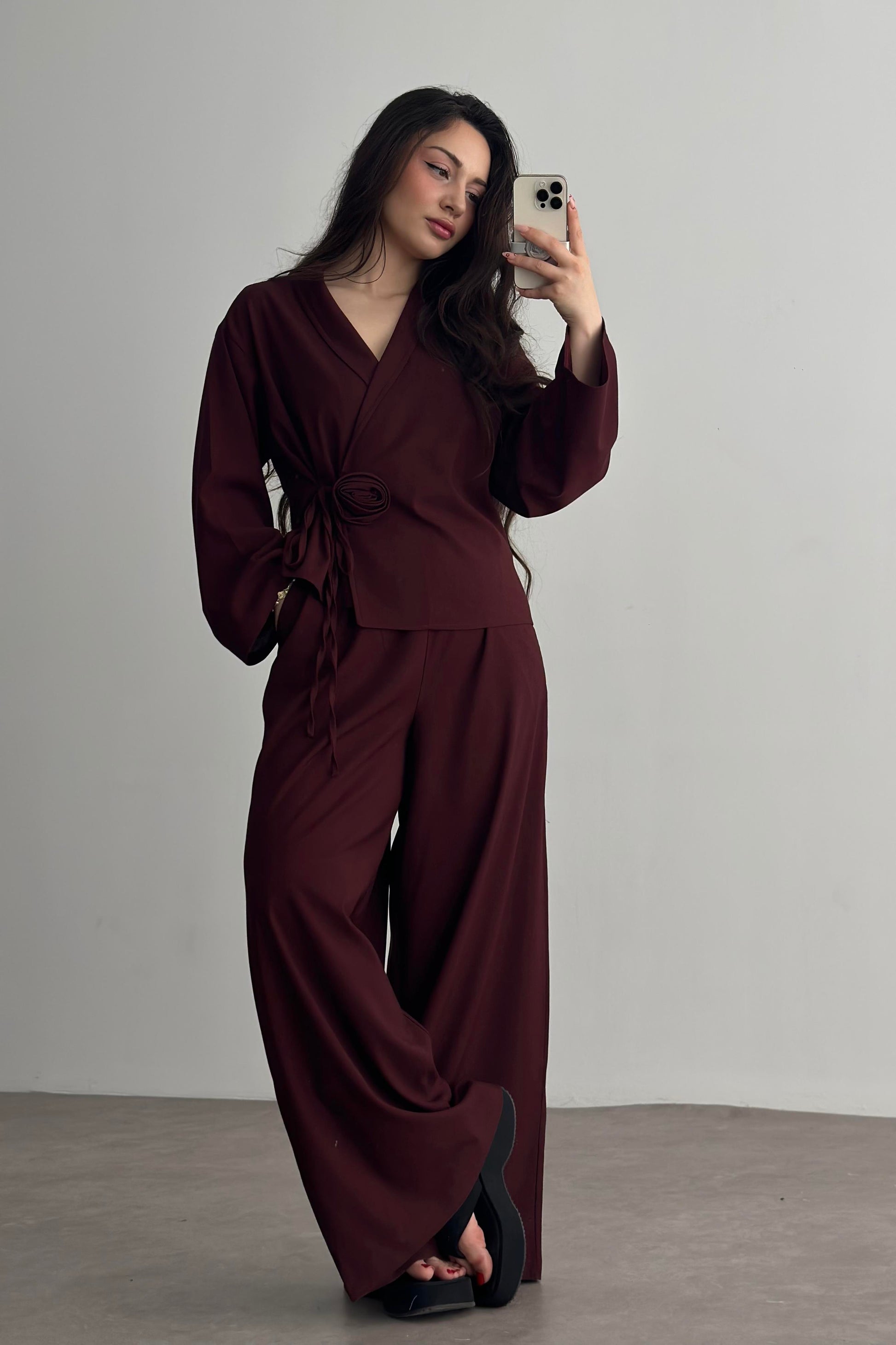 Premium Gül Detaylı Kimono Takım Bordo