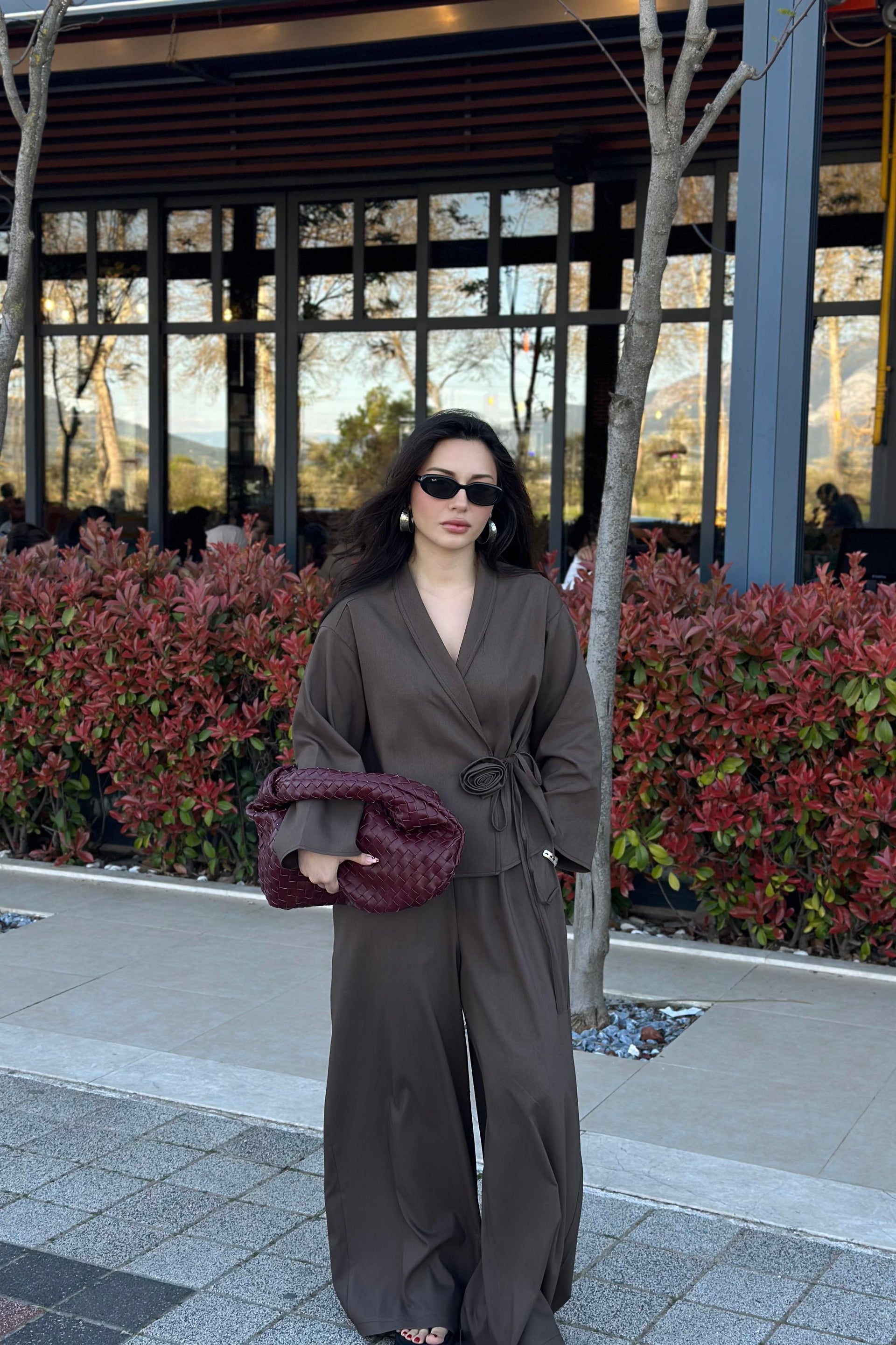 Premium Gül Detaylı Kimono Takım Kahve