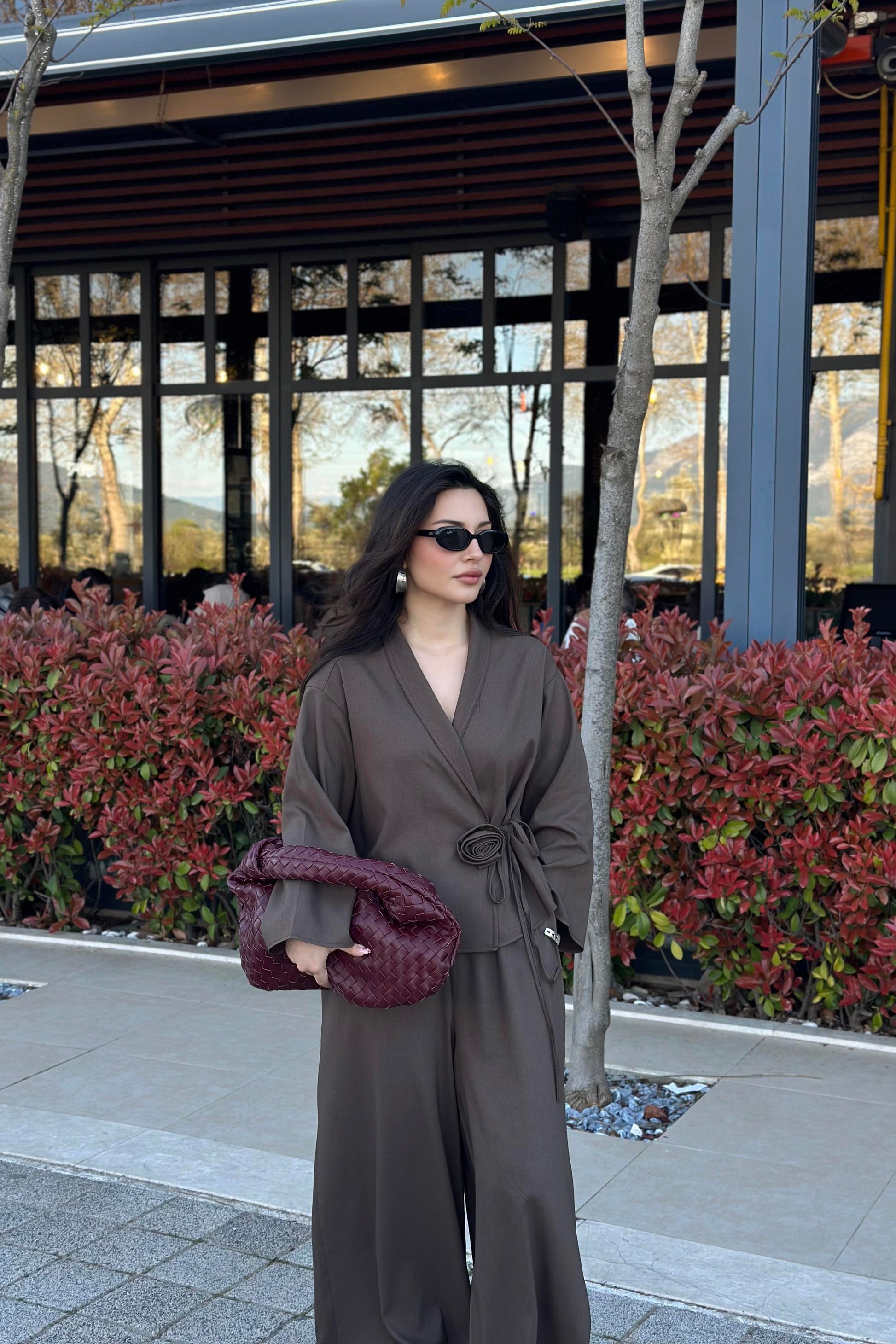 Premium Gül Detaylı Kimono Takım Kahve