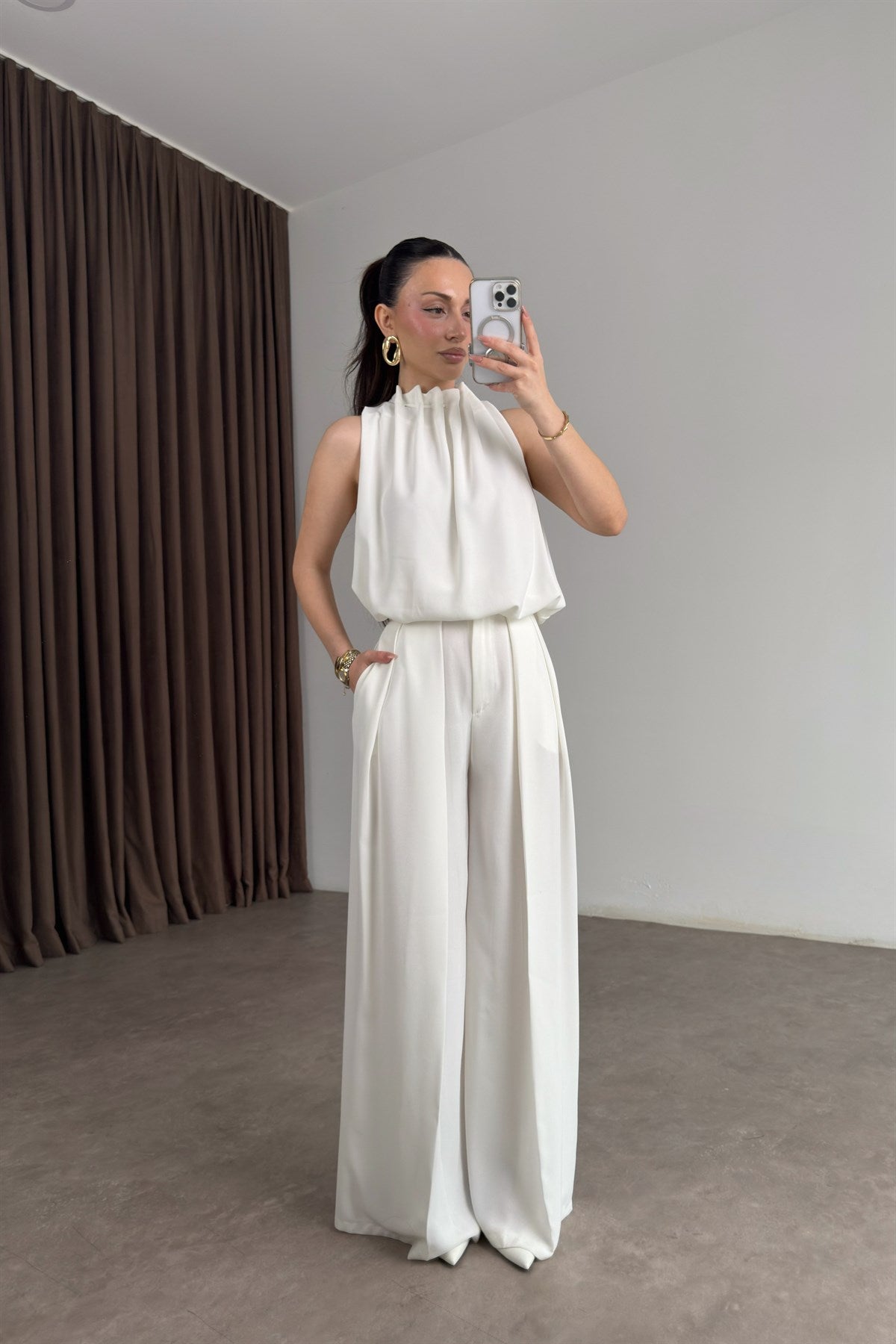 Premium Halter Kesim Bluz Pantolon Ekru Takım