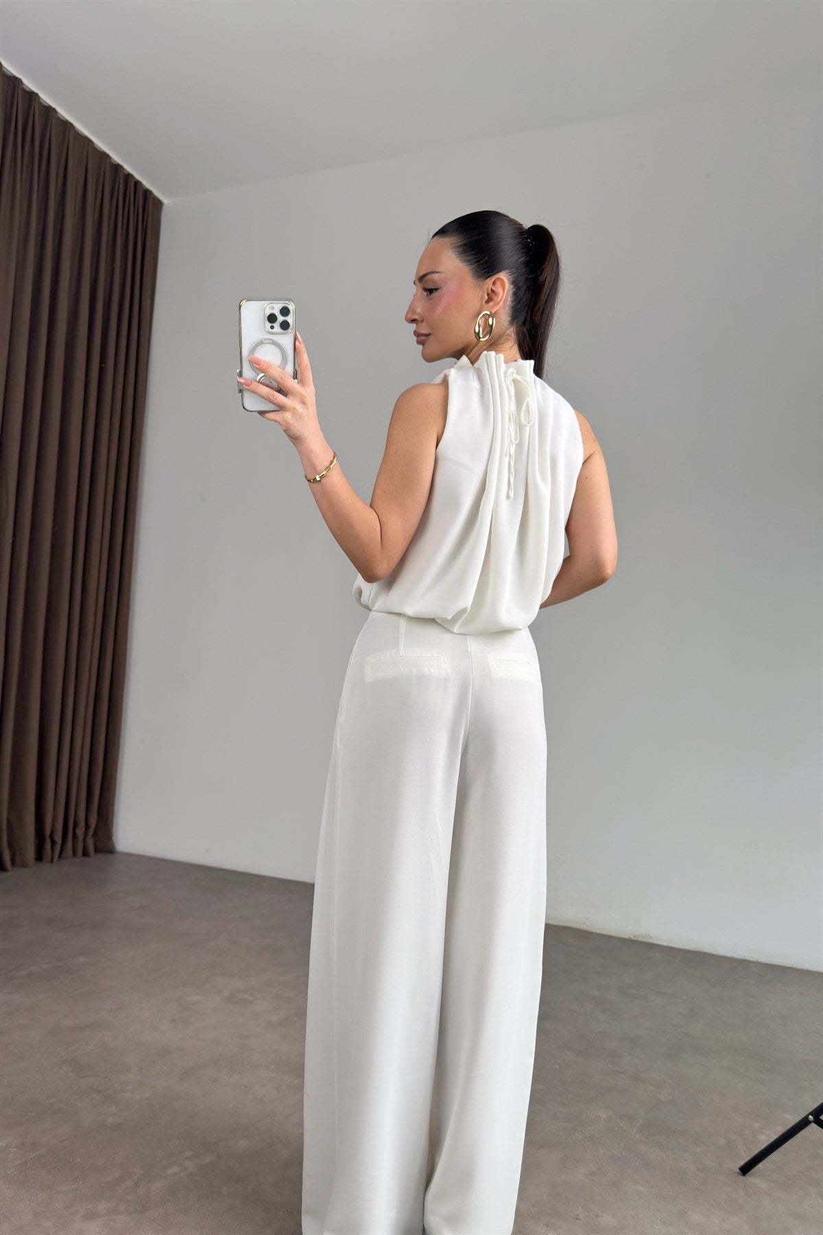 Premium Halter Kesim Bluz Pantolon Ekru Takım