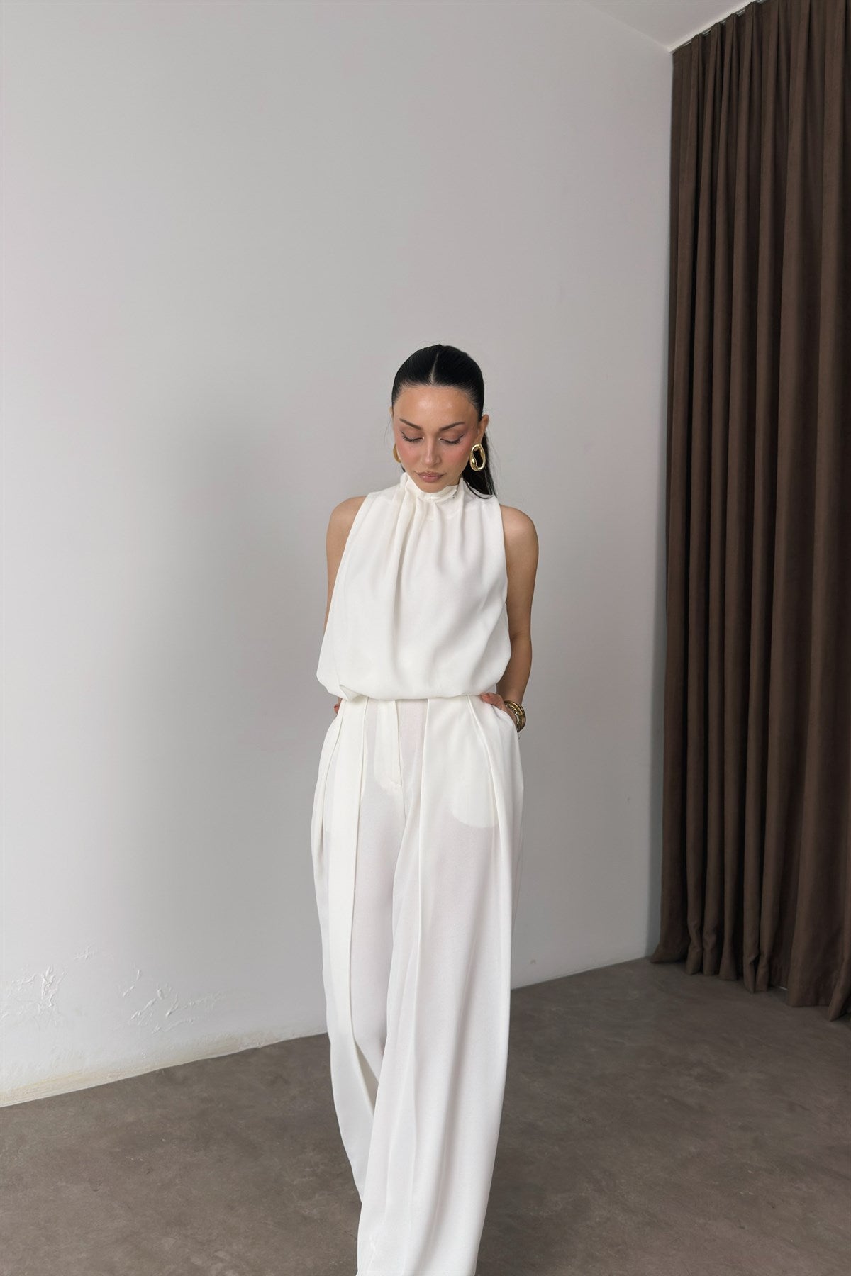 Premium Halter Kesim Bluz Pantolon Ekru Takım