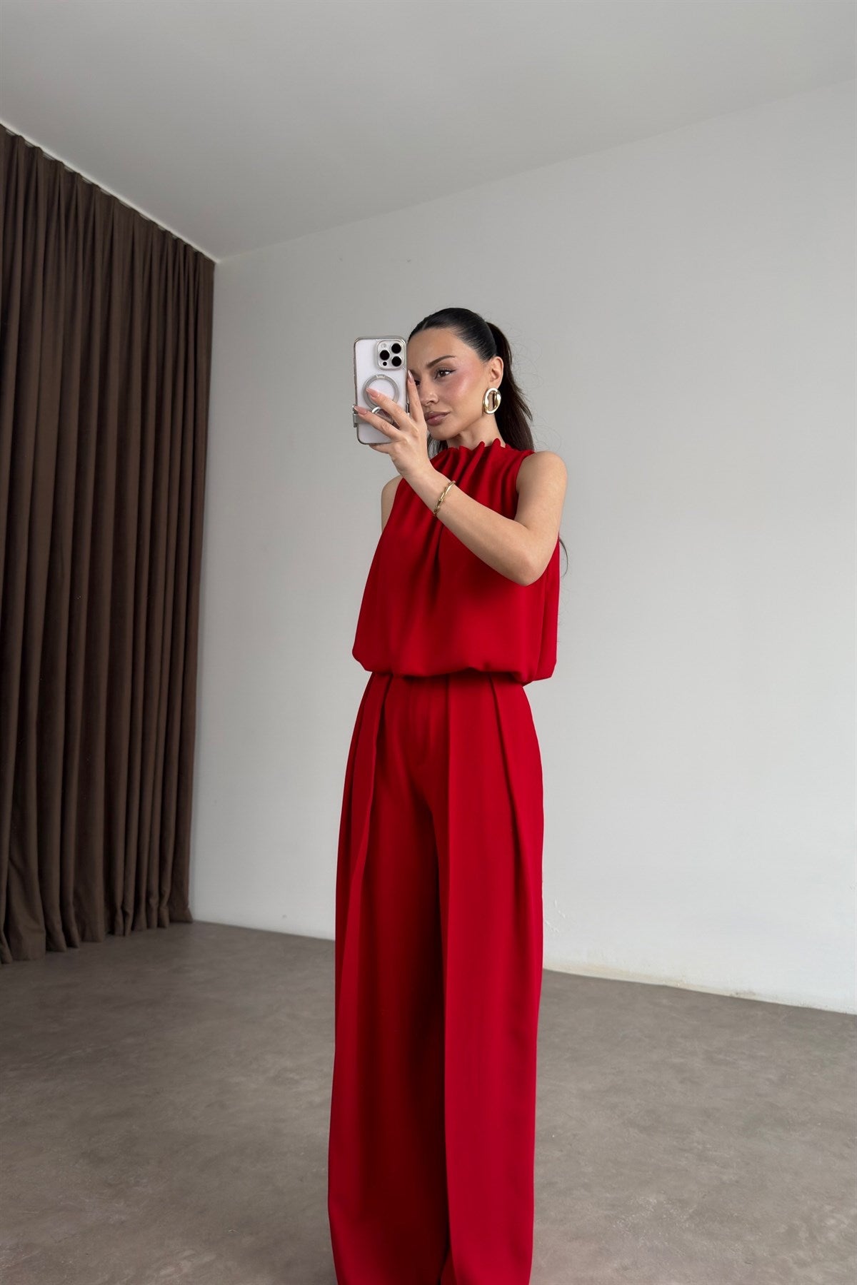 Premium Halter Kesim Bluz Pantolon Kırmızı Takım