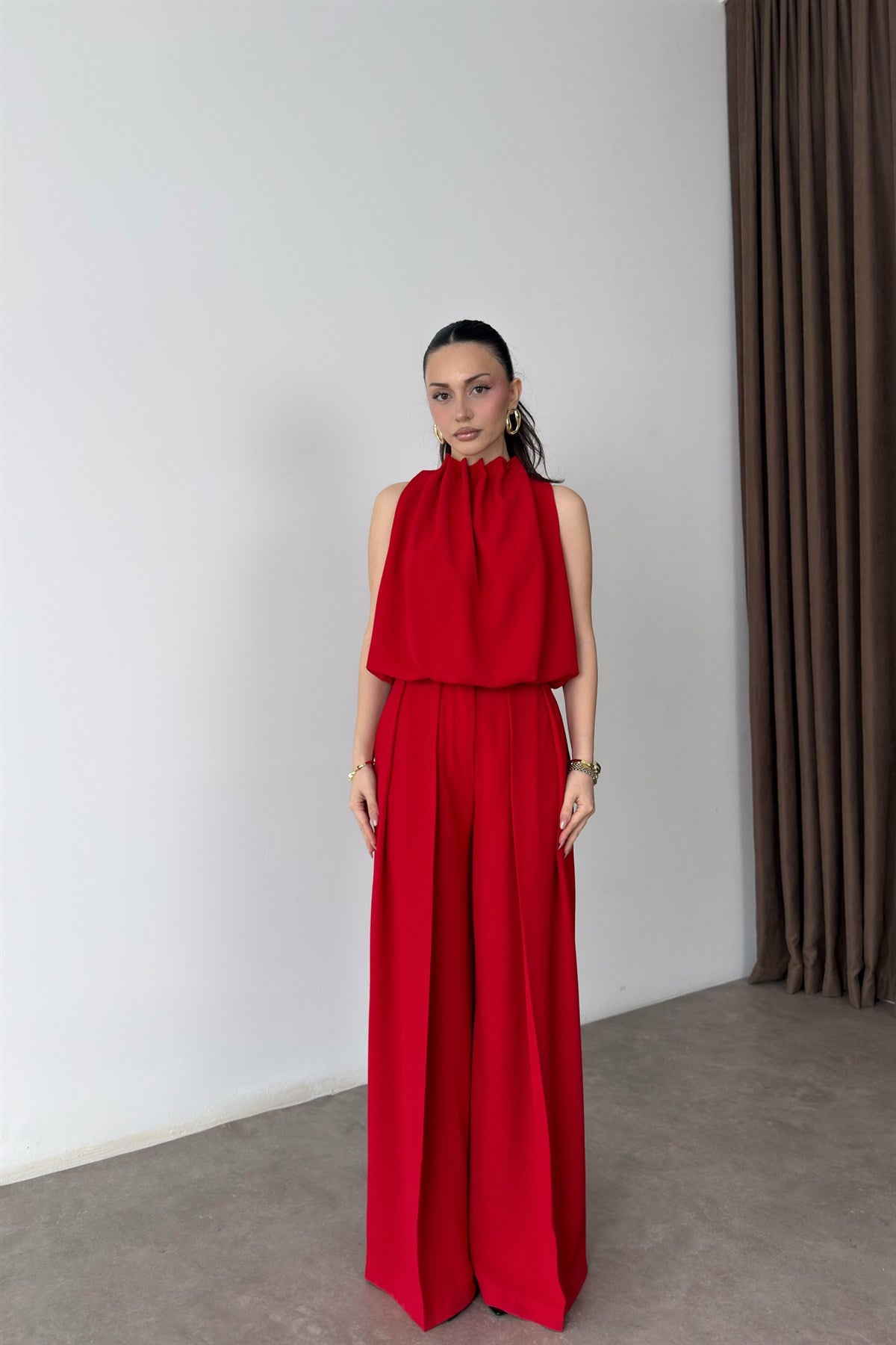 Premium Halter Kesim Bluz Pantolon Kırmızı Takım