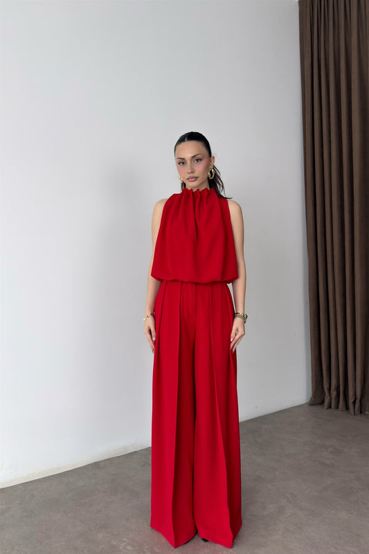 Premium Halter Kesim Bluz Pantolon Kırmızı Takım