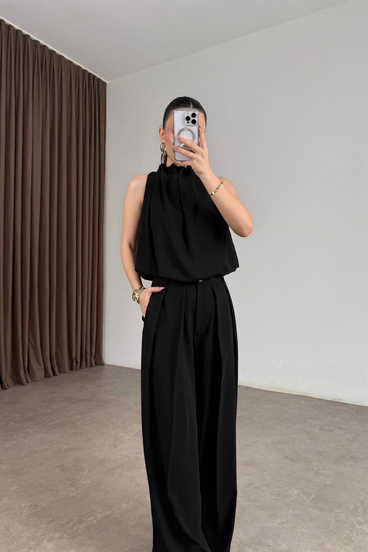 Premium Halter Kesim Bluz Pantolon Siyah Takım