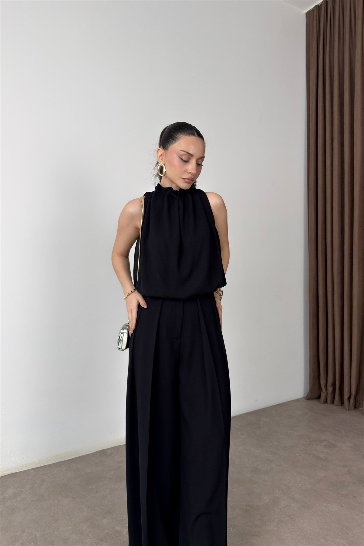 Premium Halter Kesim Bluz Pantolon Siyah Takım
