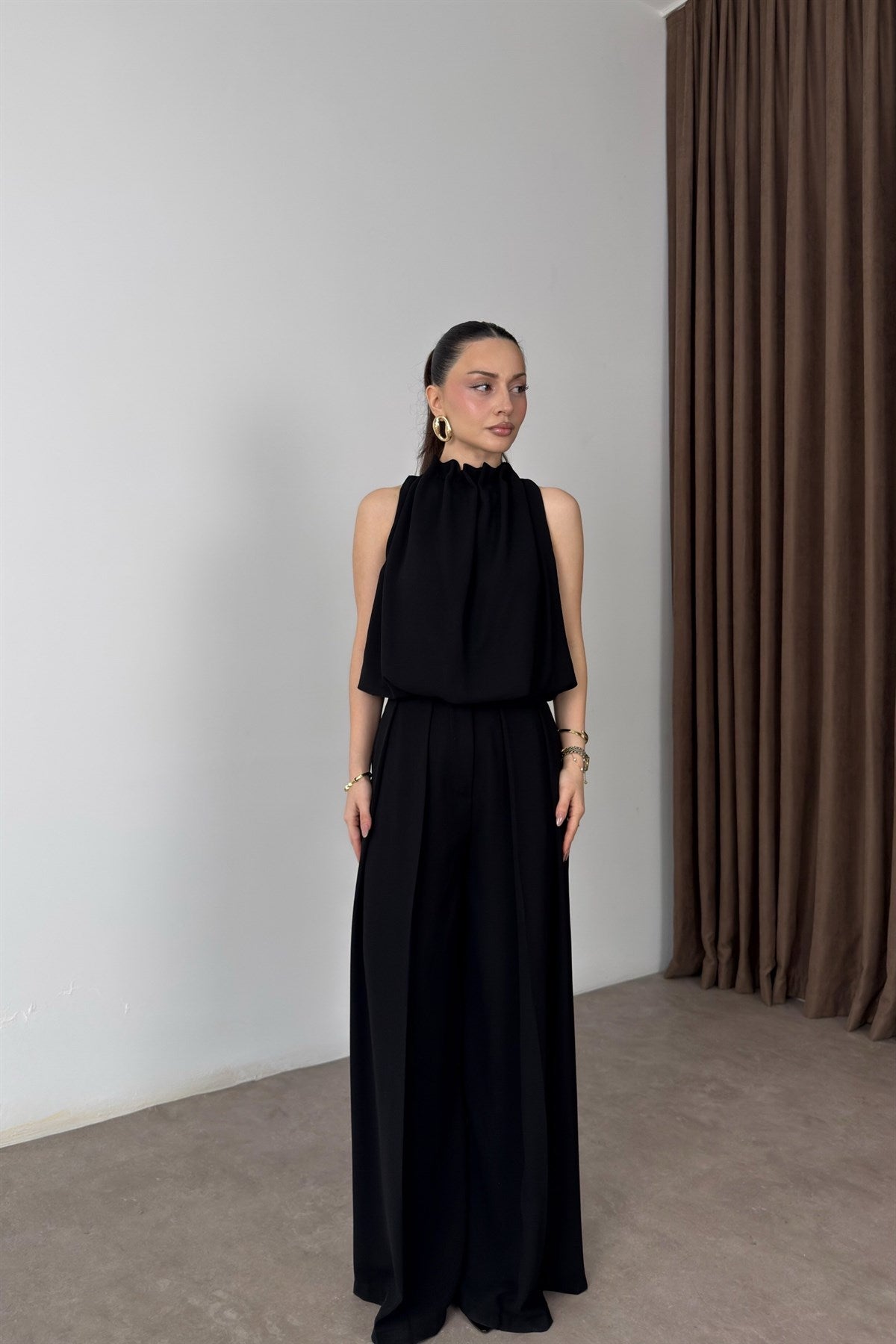 Premium Halter Kesim Bluz Pantolon Siyah Takım