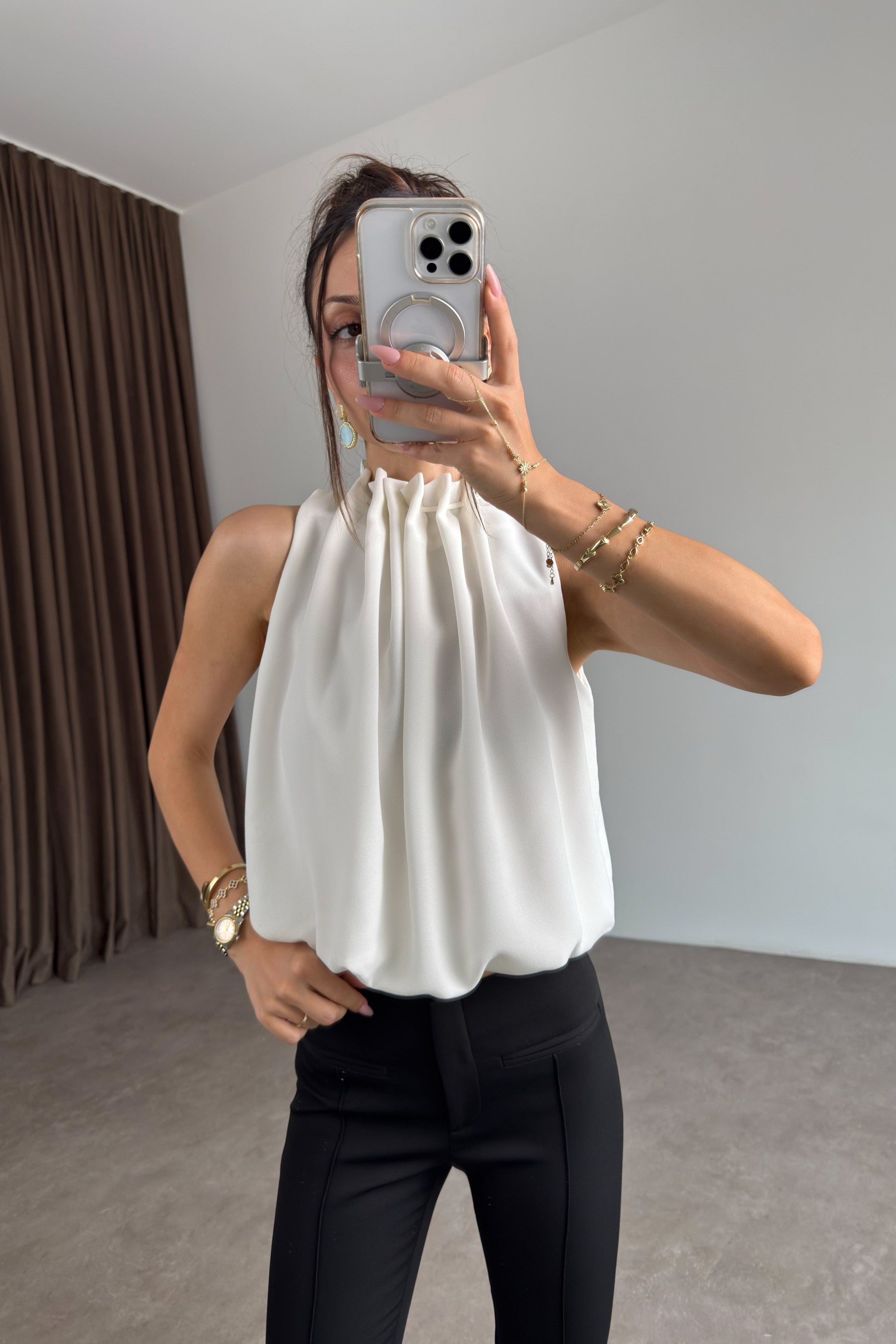Premium Halter Yaka Ekru Bluz