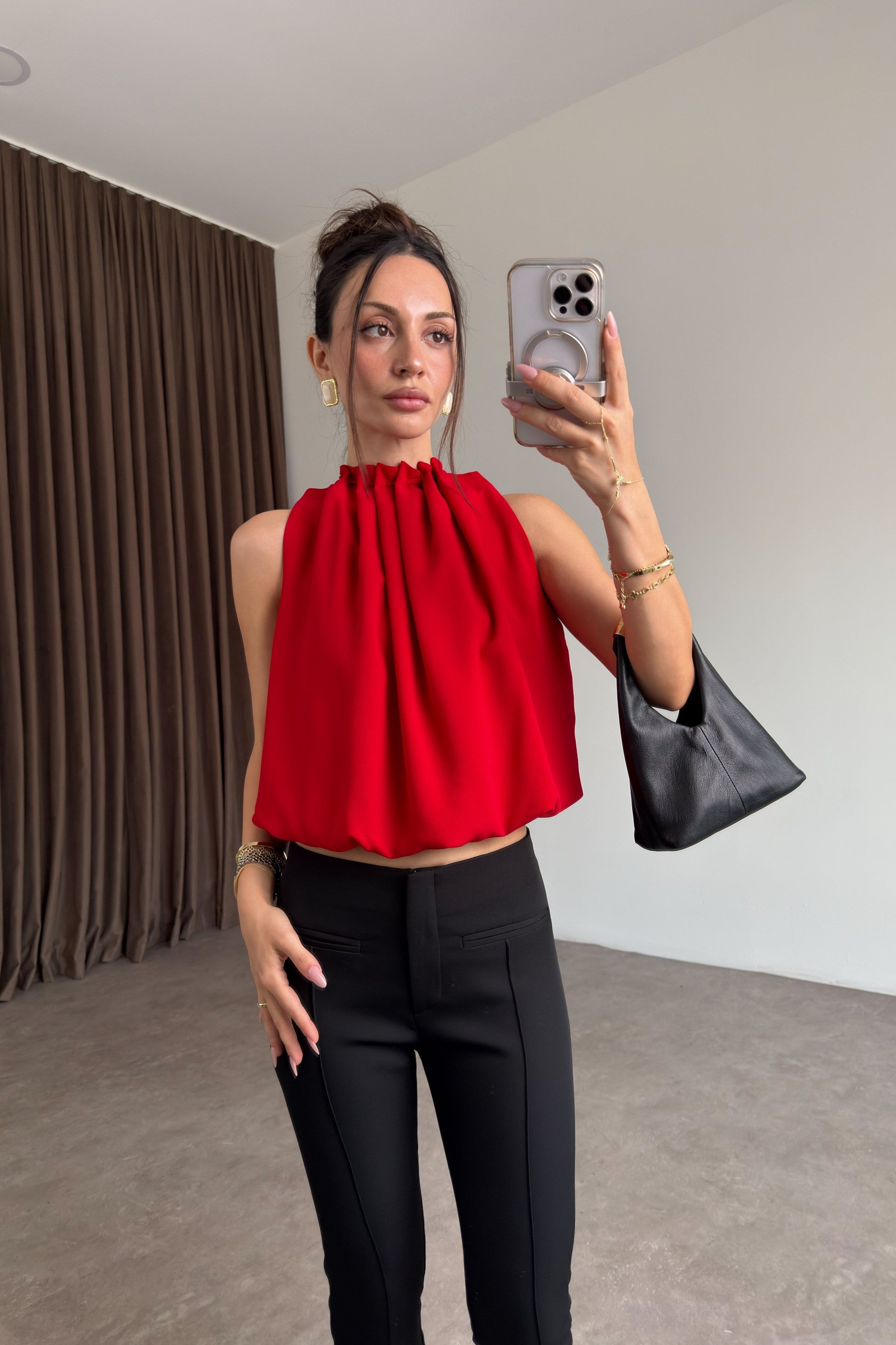 Premium Halter Yaka Kırmızı Bluz