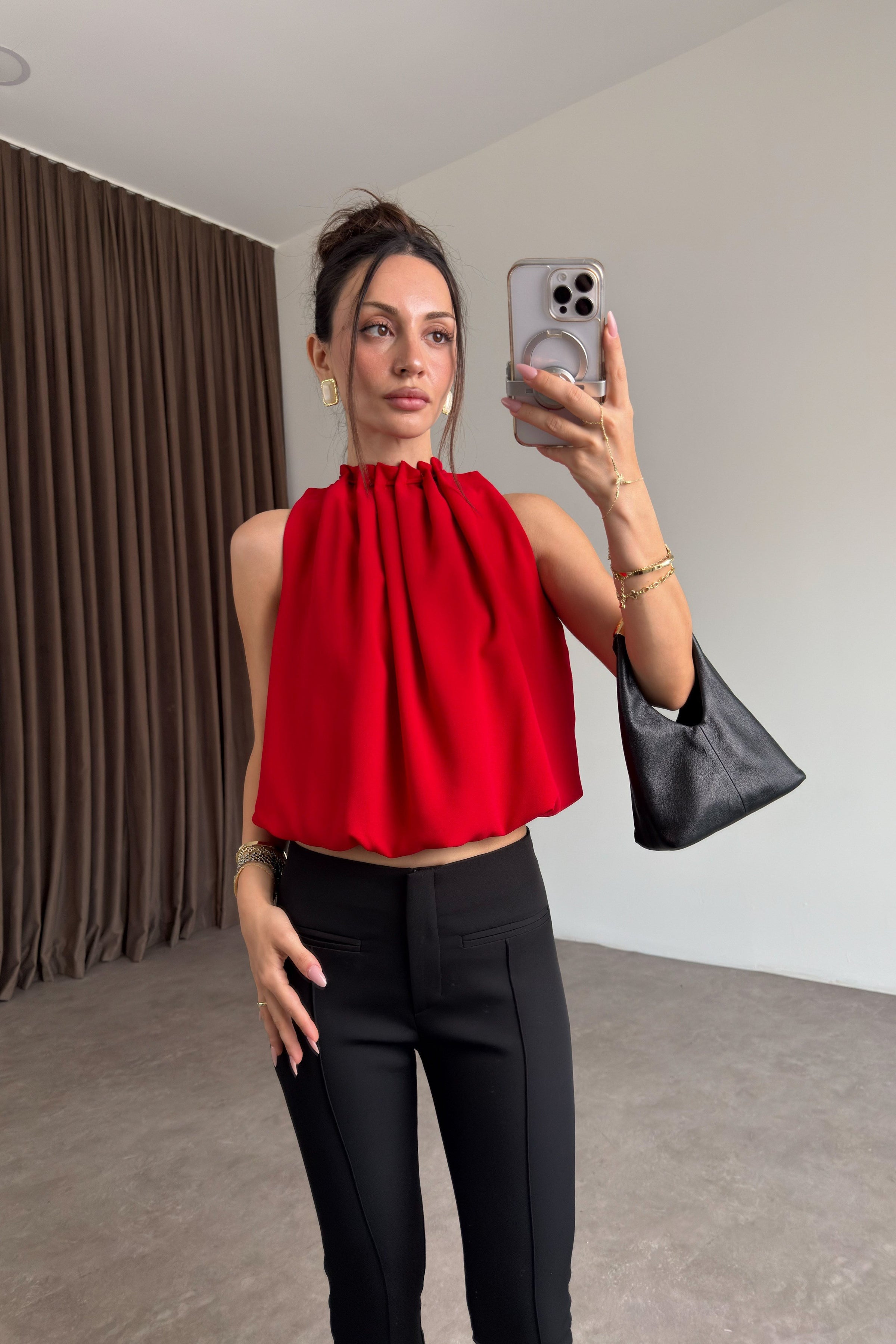 Premium Halter Yaka Kırmızı Bluz