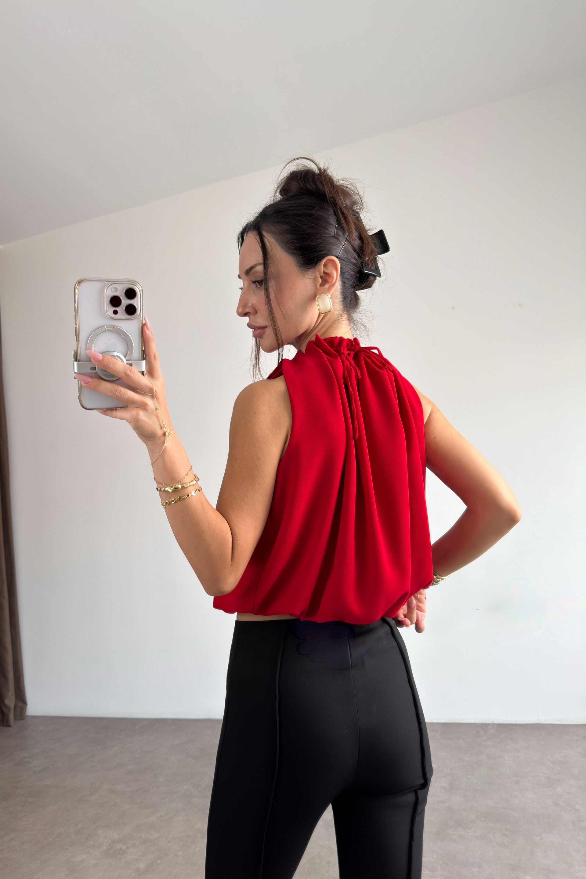 Premium Halter Yaka Kırmızı Bluz