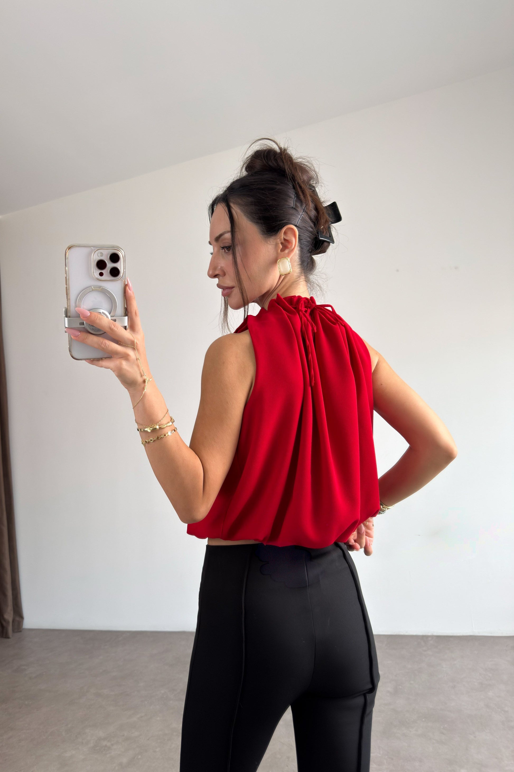 Premium Halter Yaka Kırmızı Bluz