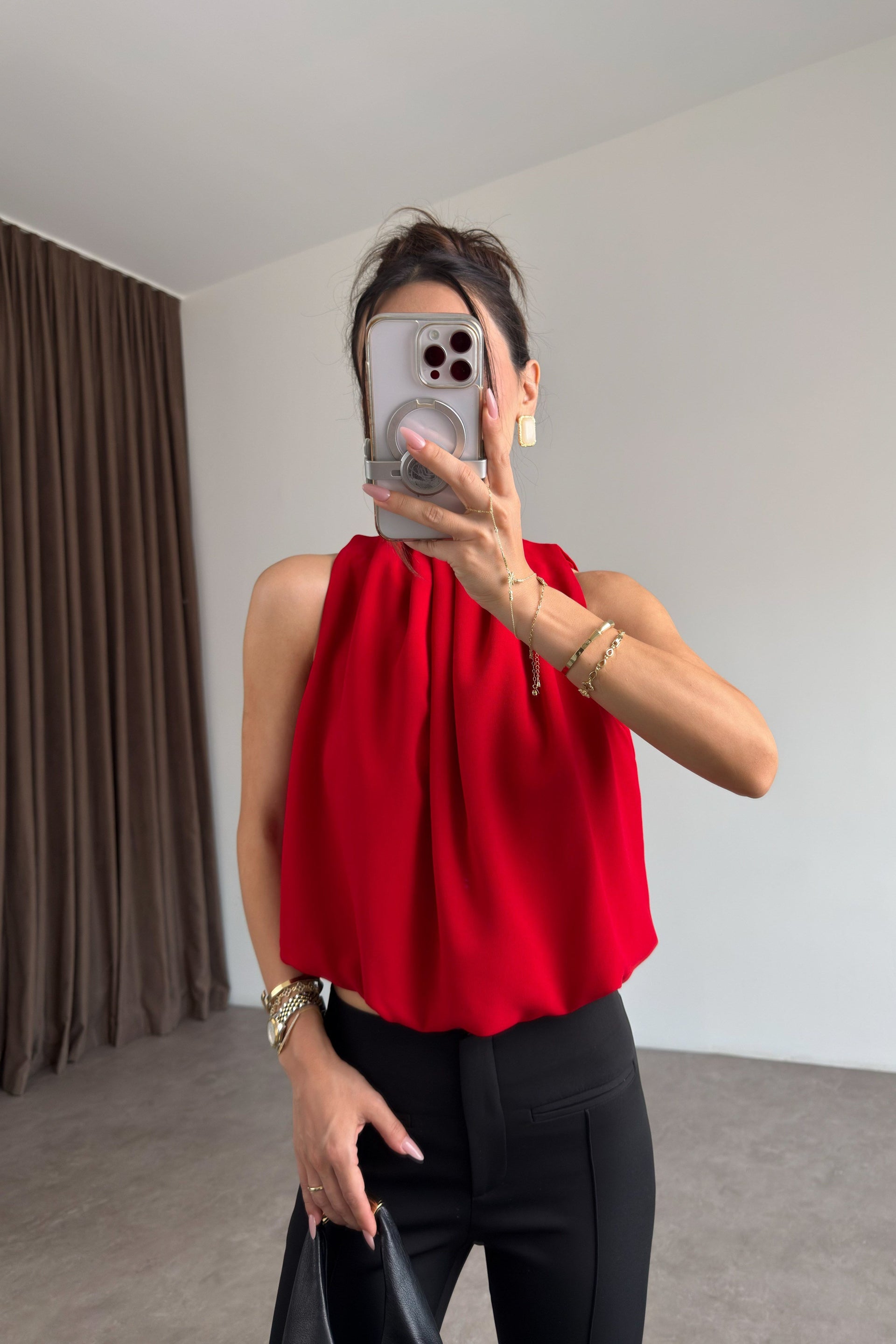 Premium Halter Yaka Kırmızı Bluz