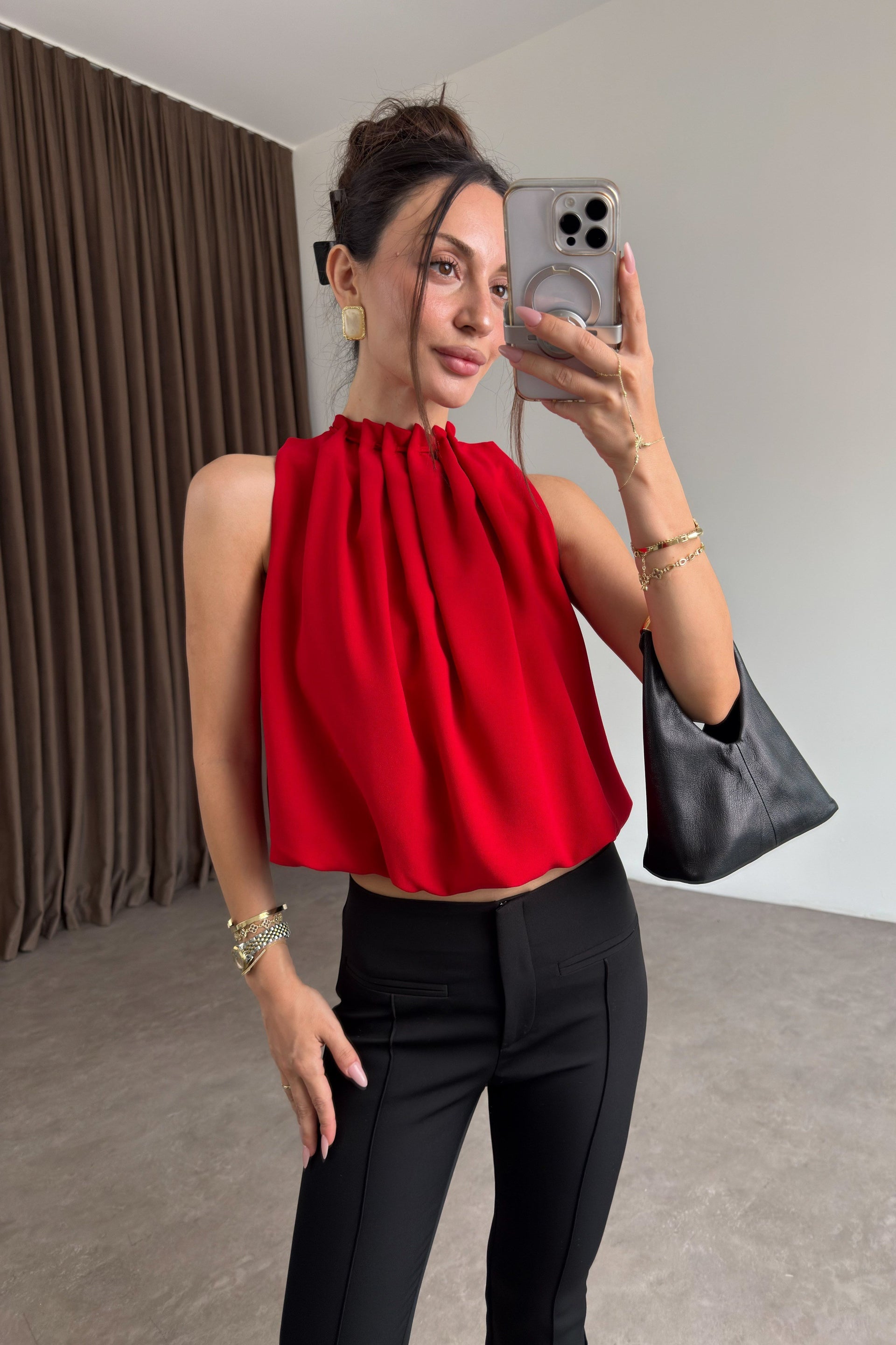 Premium Halter Yaka Kırmızı Bluz