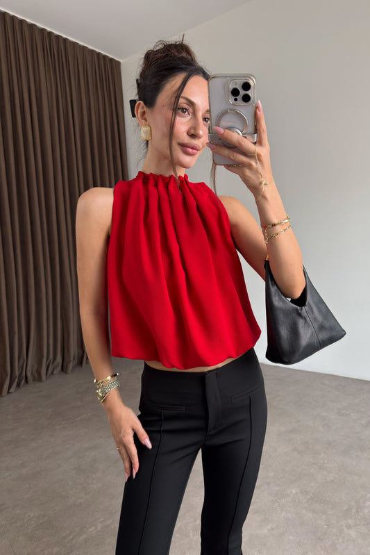 Premium Halter Yaka Kırmızı Bluz