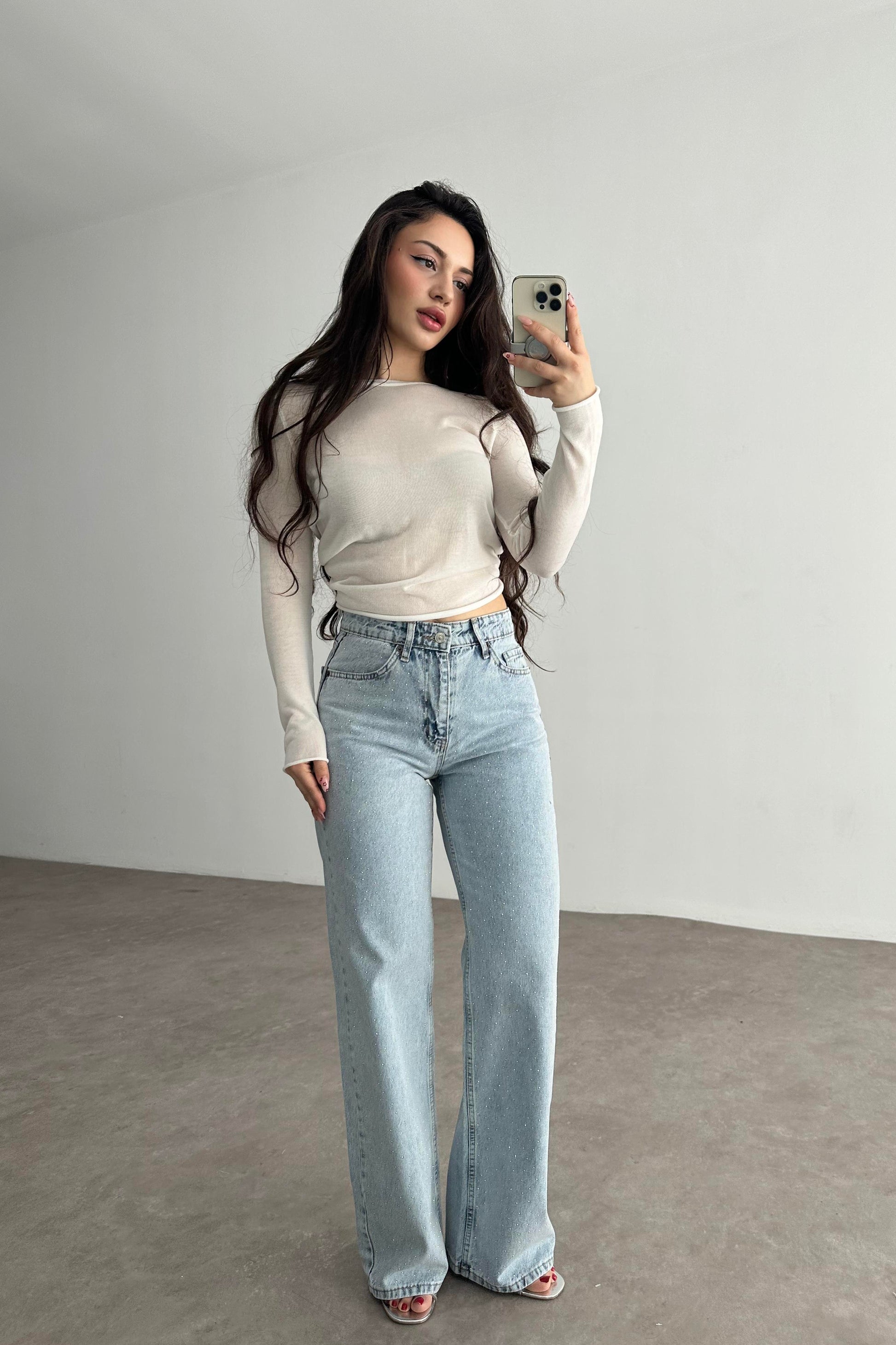 Premium İce Blue Straightleg Taşlı Jean