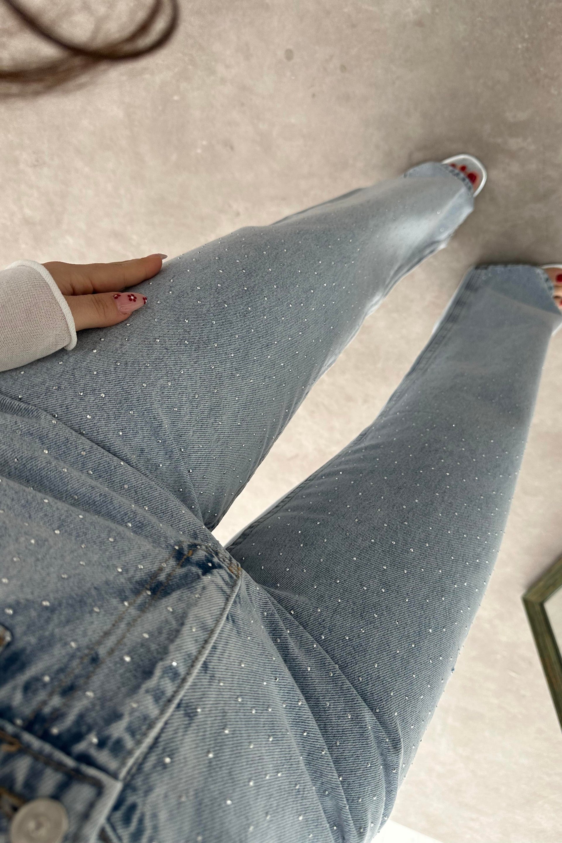 Premium İce Blue Straightleg Taşlı Jean