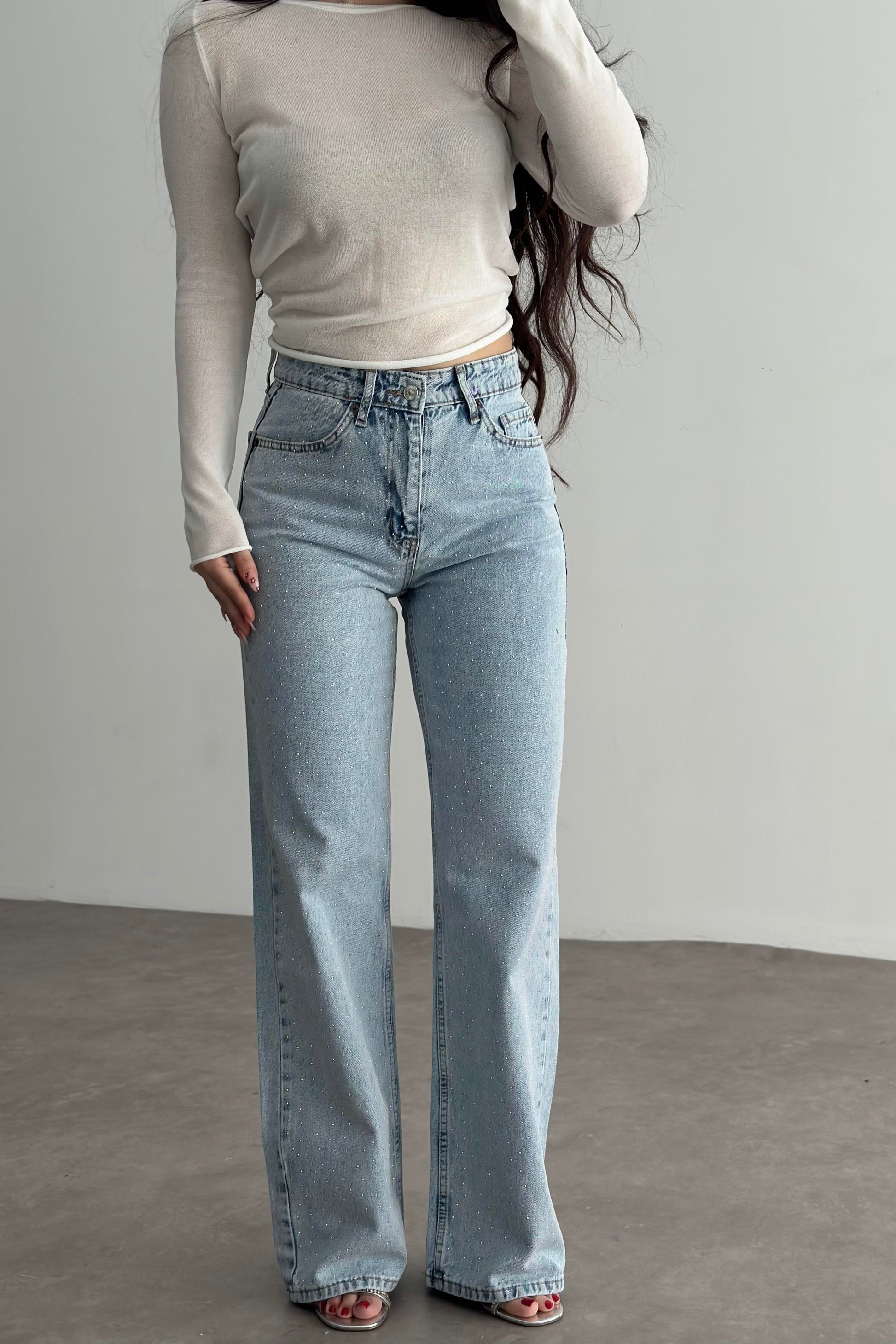 Premium İce Blue Straightleg Taşlı Jean