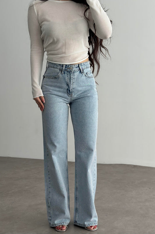 Premium İce Blue Straightleg Taşlı Jean