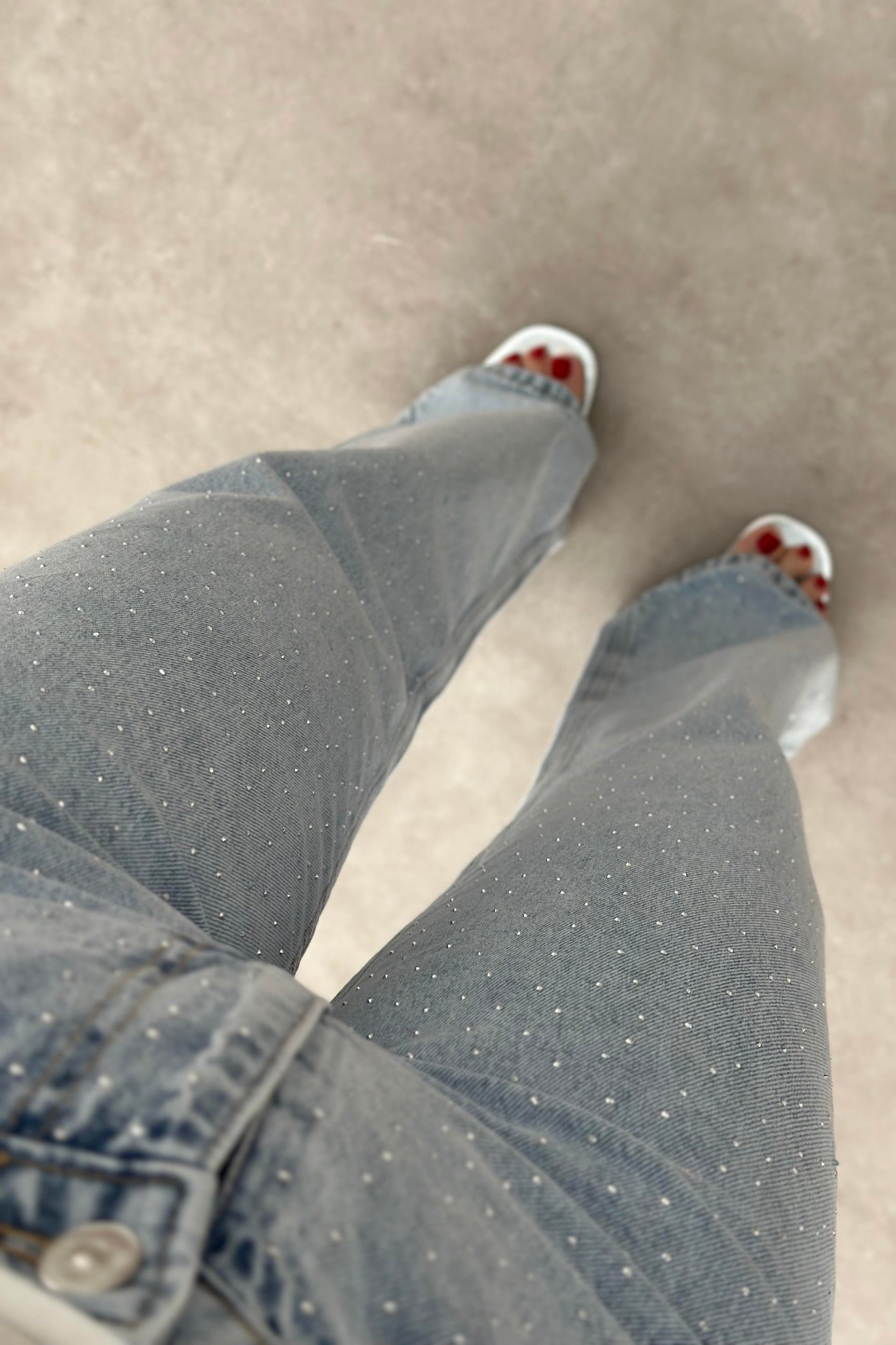 Premium İce Blue Straightleg Taşlı Jean