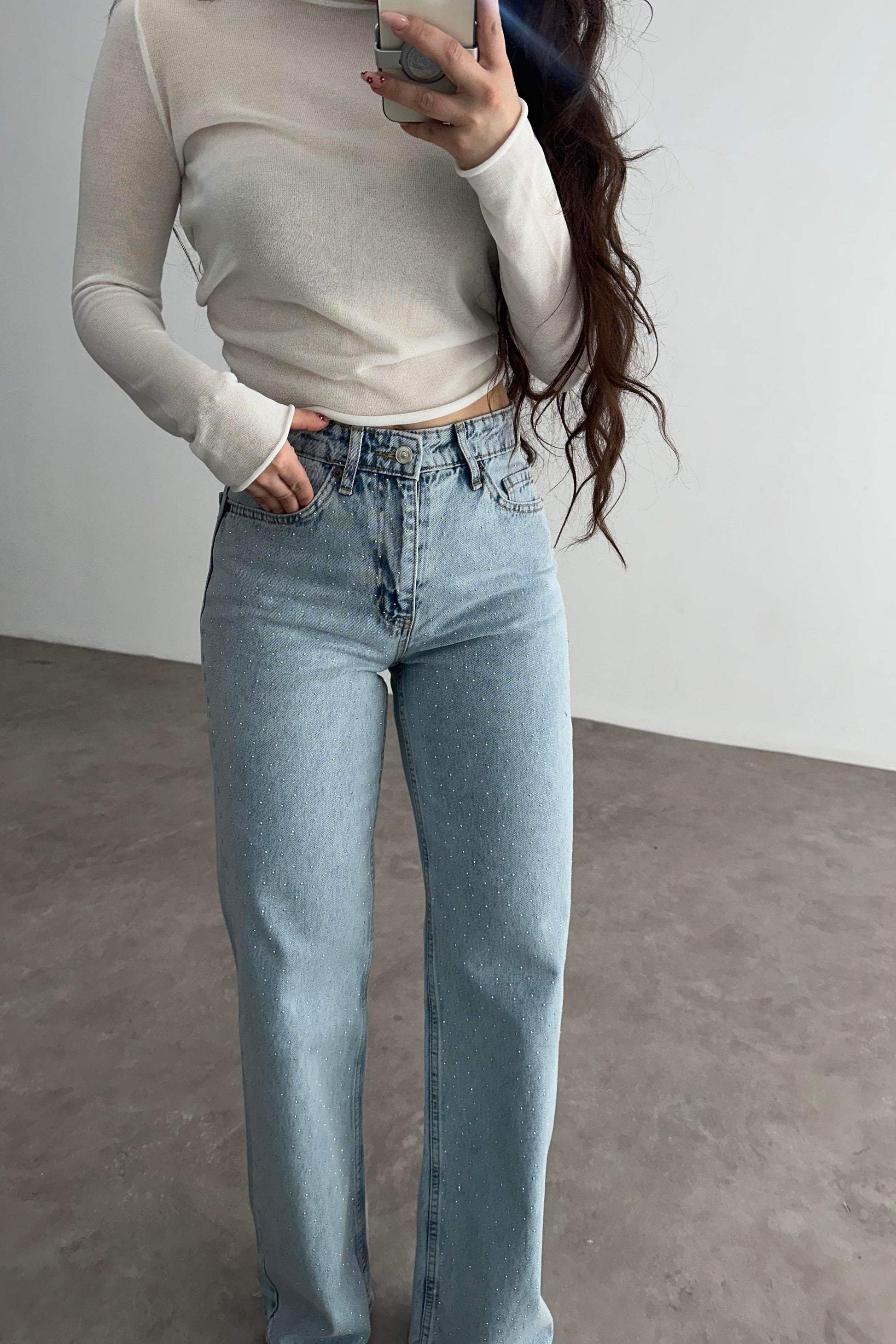 Premium İce Blue Straightleg Taşlı Jean