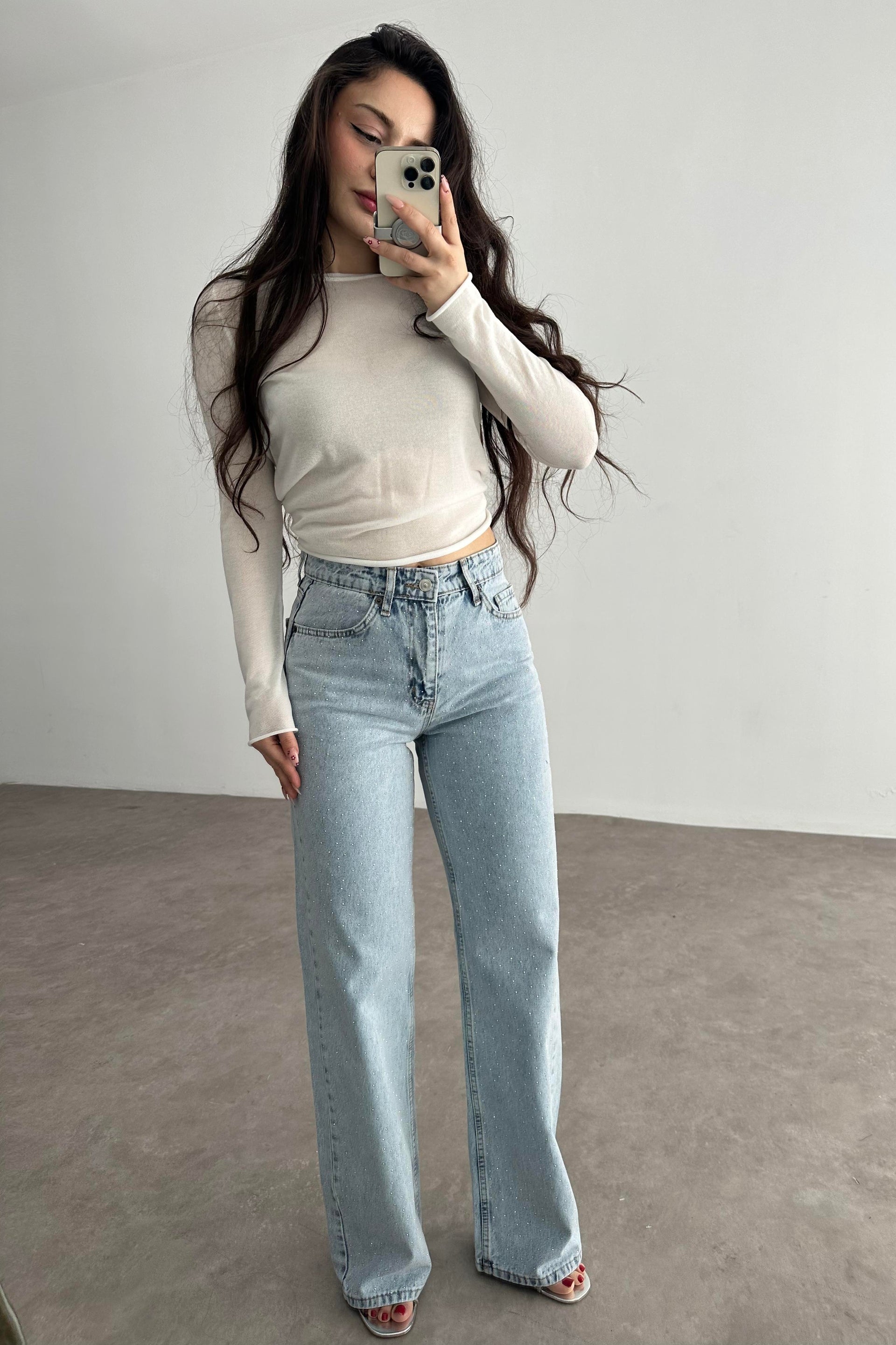 Premium İce Blue Straightleg Taşlı Jean