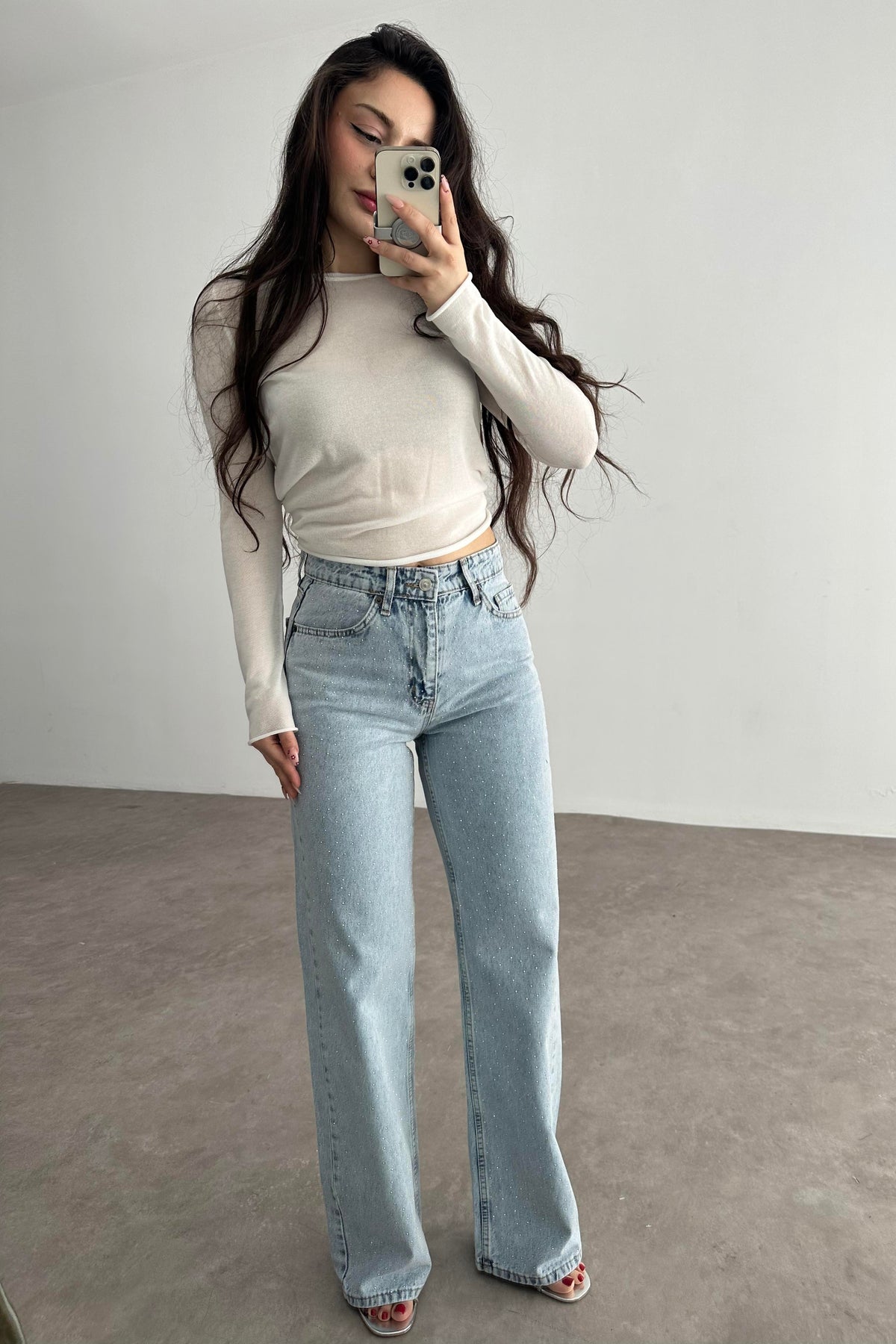 Premium İce Blue Straightleg Taşlı Jean
