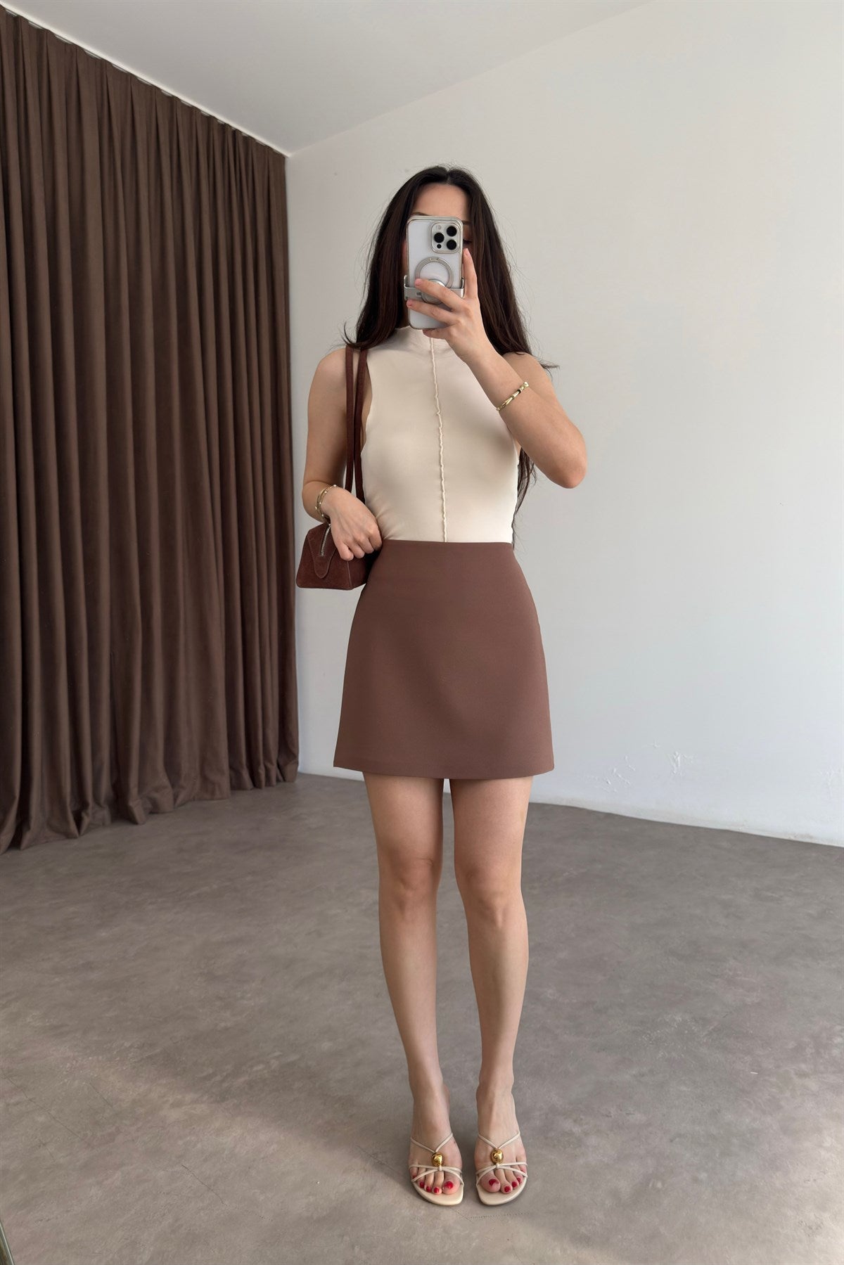 Premium Kalın Krep Kumaş Mocha Mini Etek