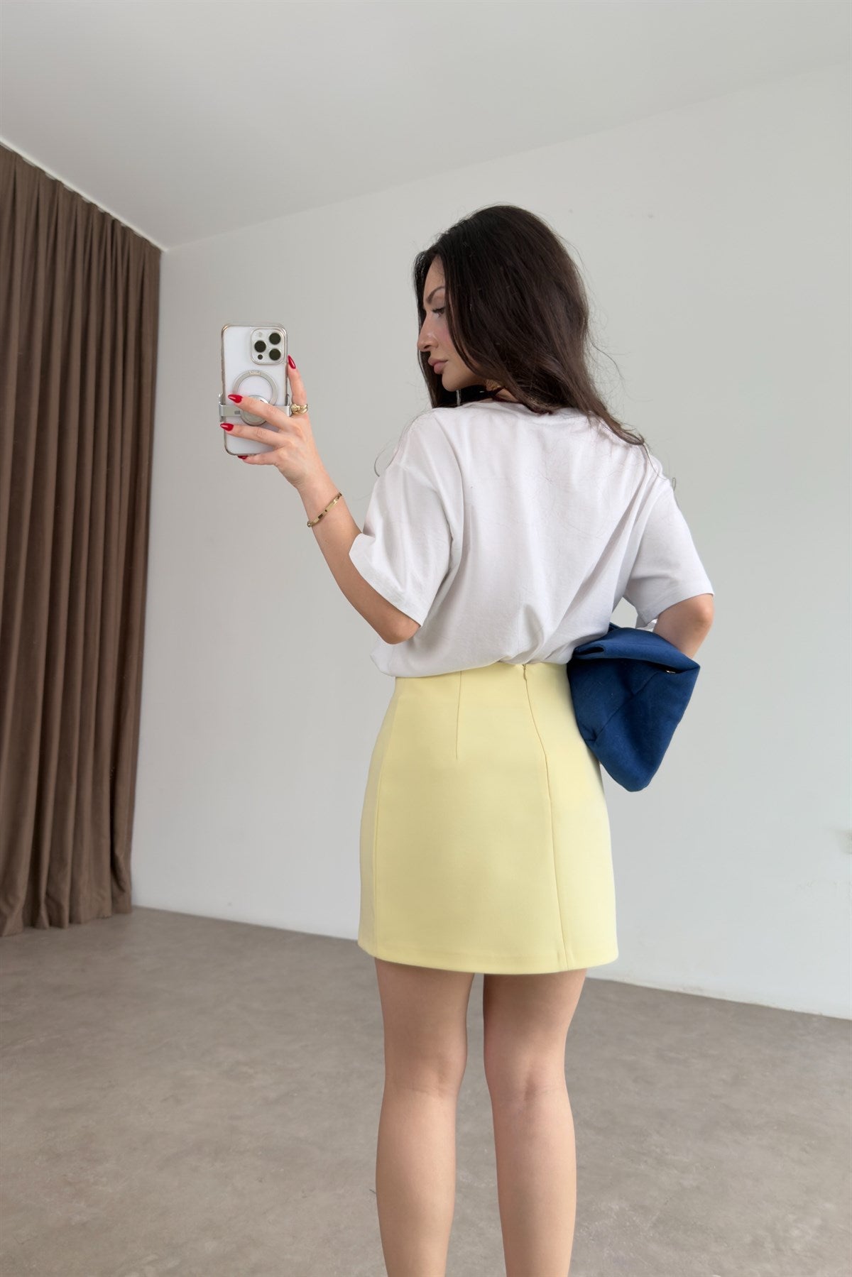 Premium Kalın Krep Kumaş Sarı Mini Etek