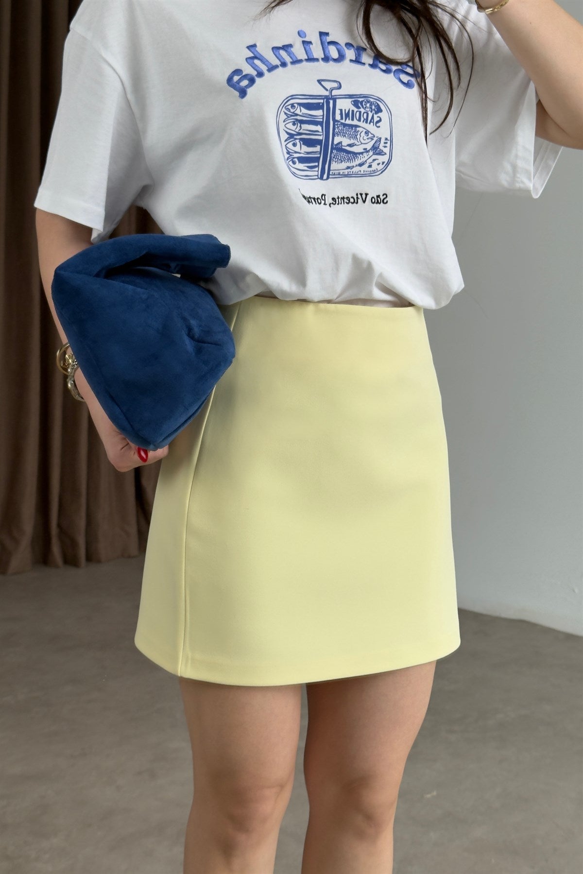 Premium Kalın Krep Kumaş Sarı Mini Etek