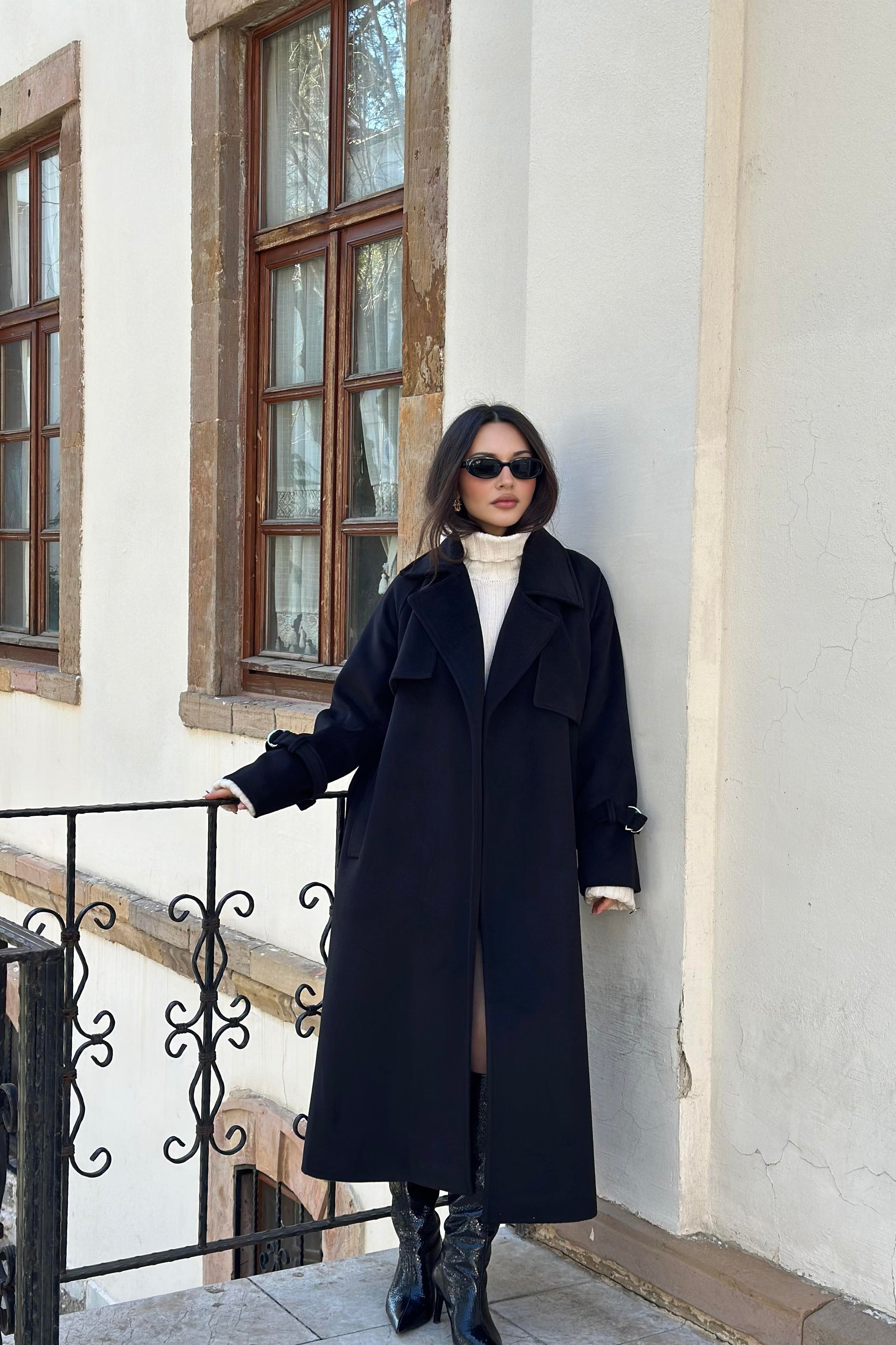 Premium Kaşe Trenç Kaban Siyah