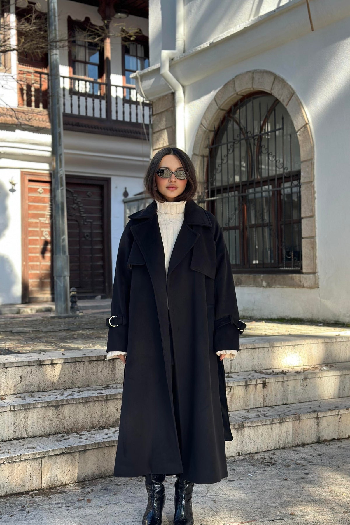 Premium Kaşe Trenç Kaban Siyah