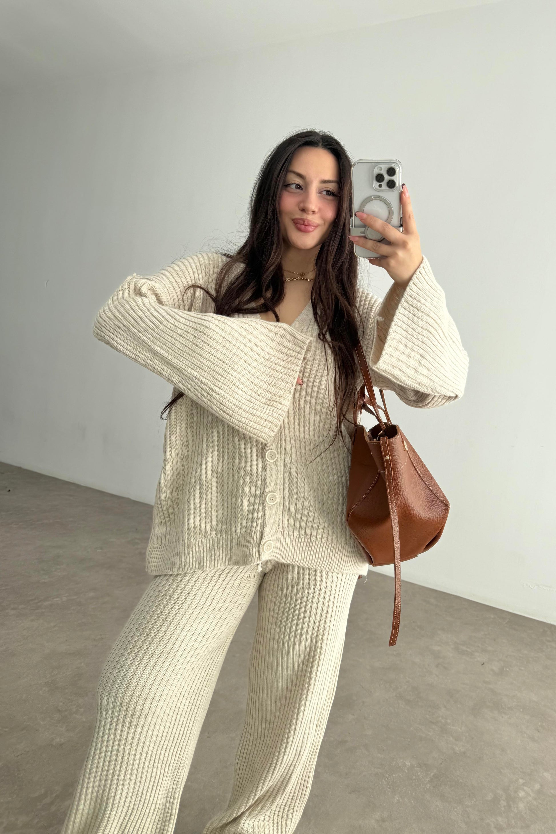 Premium Kaşkorse Hırka Pantolon Triko Ekru Takım