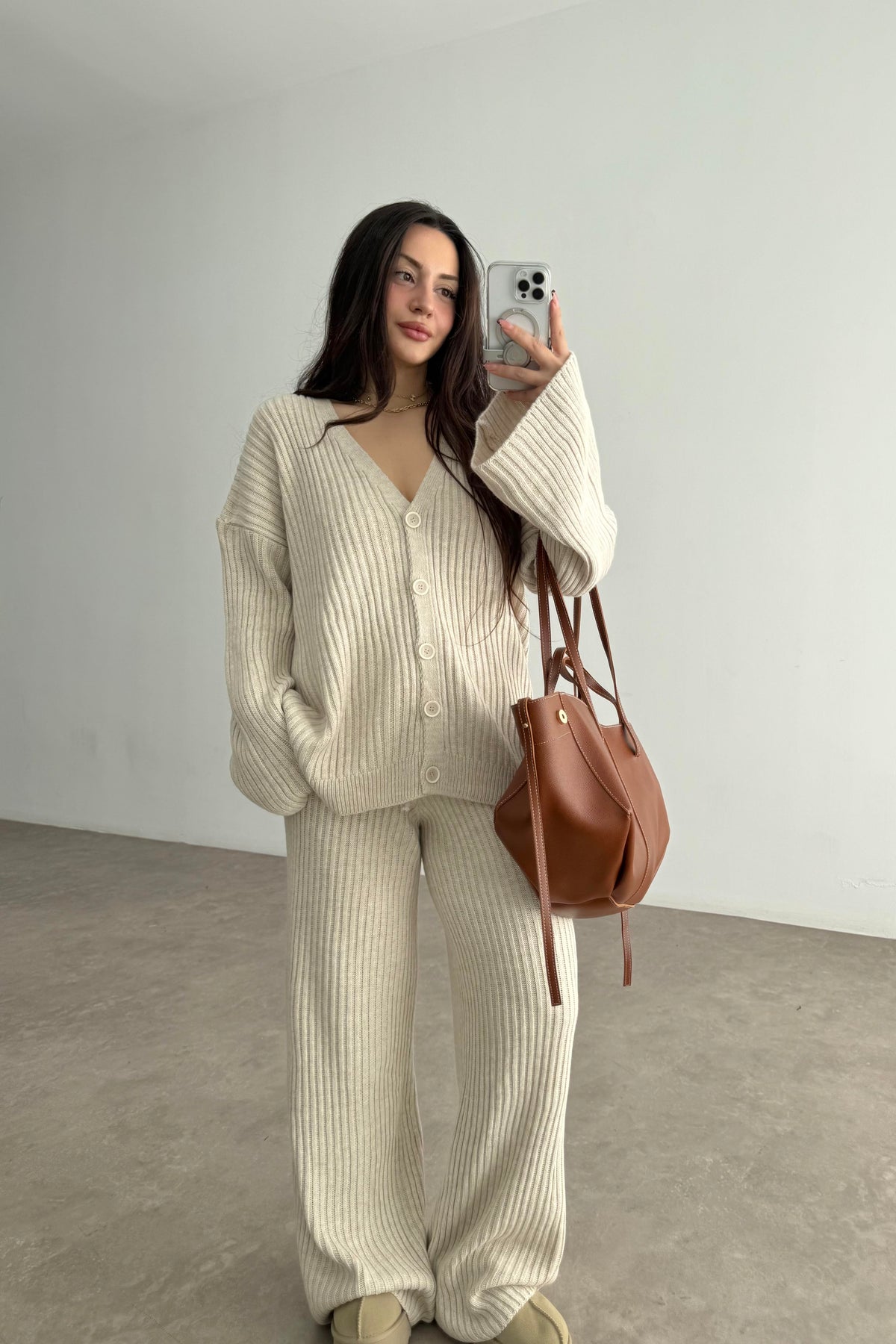 Premium Kaşkorse Hırka Pantolon Triko Ekru Takım