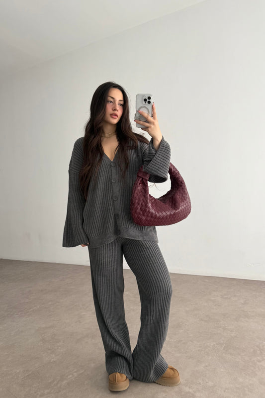Premium Kaşkorse Hırka Pantolon Triko Füme Takım