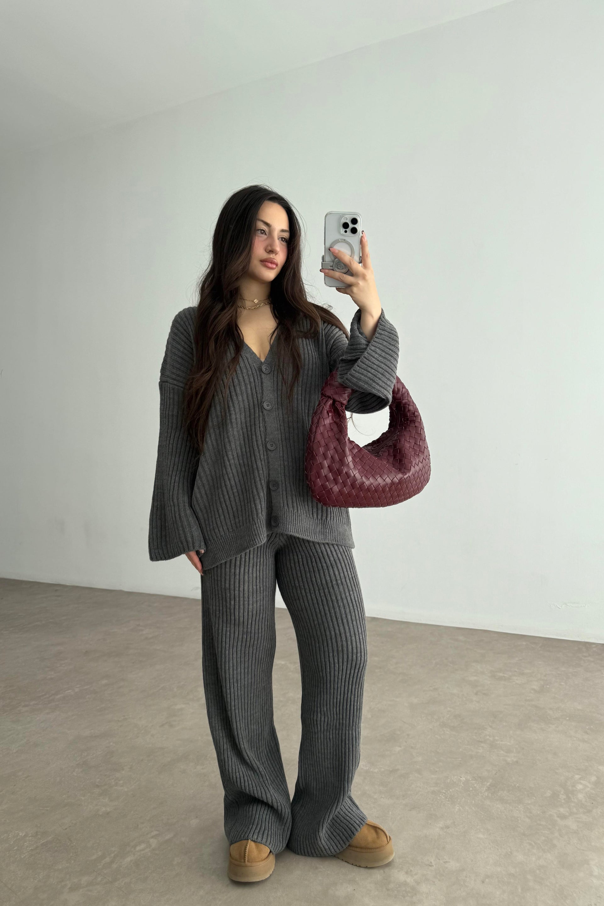Premium Kaşkorse Hırka Pantolon Triko Füme Takım