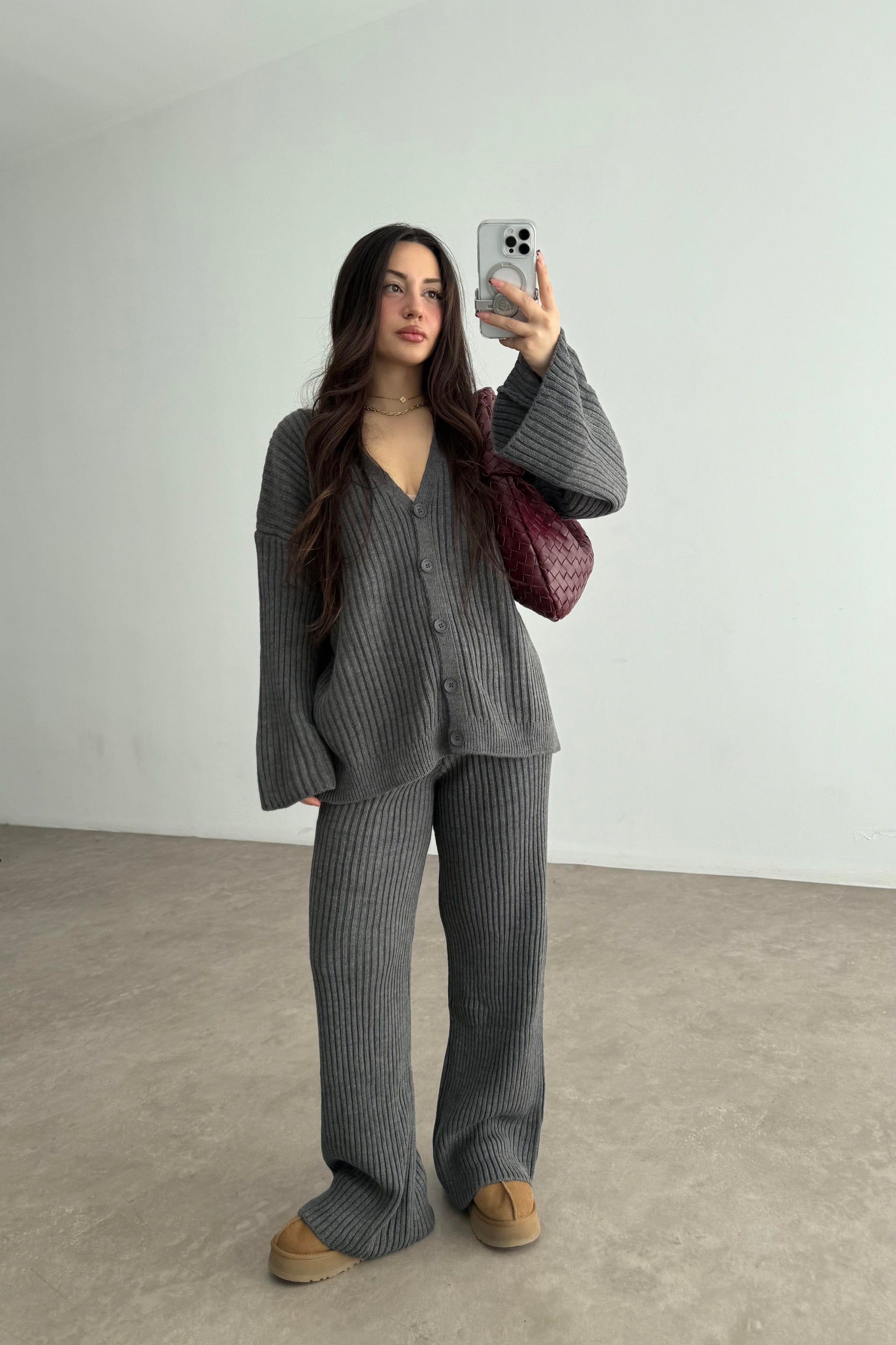 Premium Kaşkorse Hırka Pantolon Triko Füme Takım
