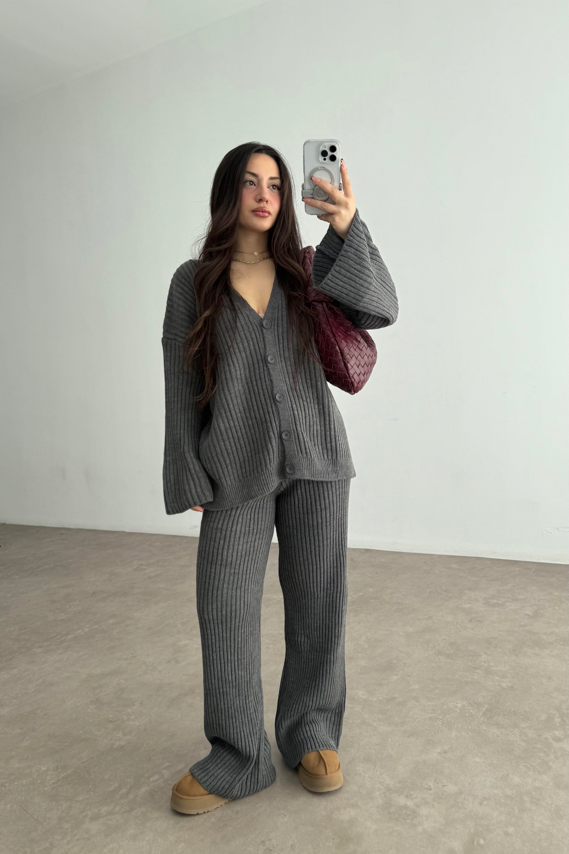 Premium Kaşkorse Hırka Pantolon Triko Füme Takım