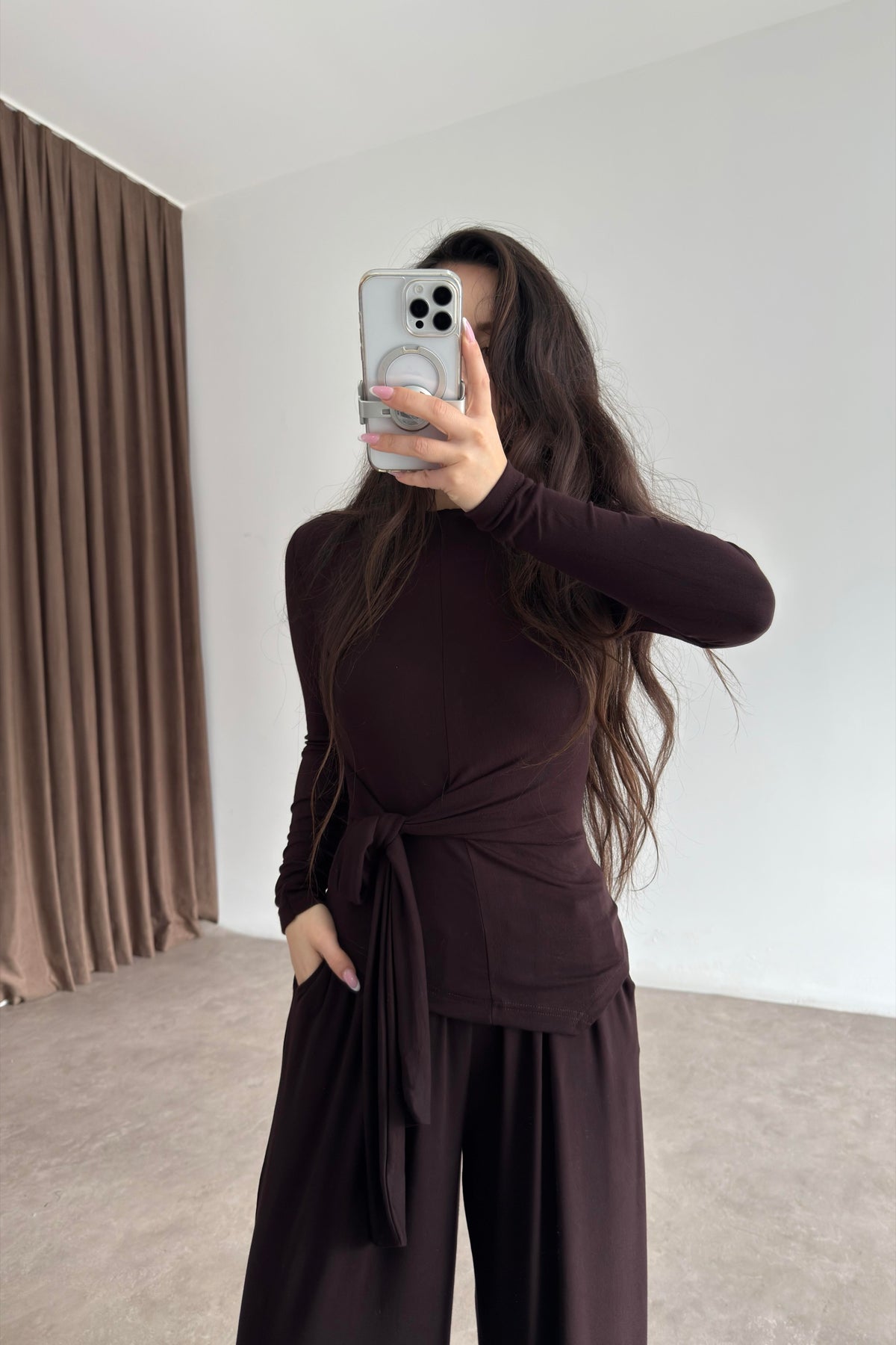Premium Kaşmir Dokulu Bağlama Detaylı Kahve Takım