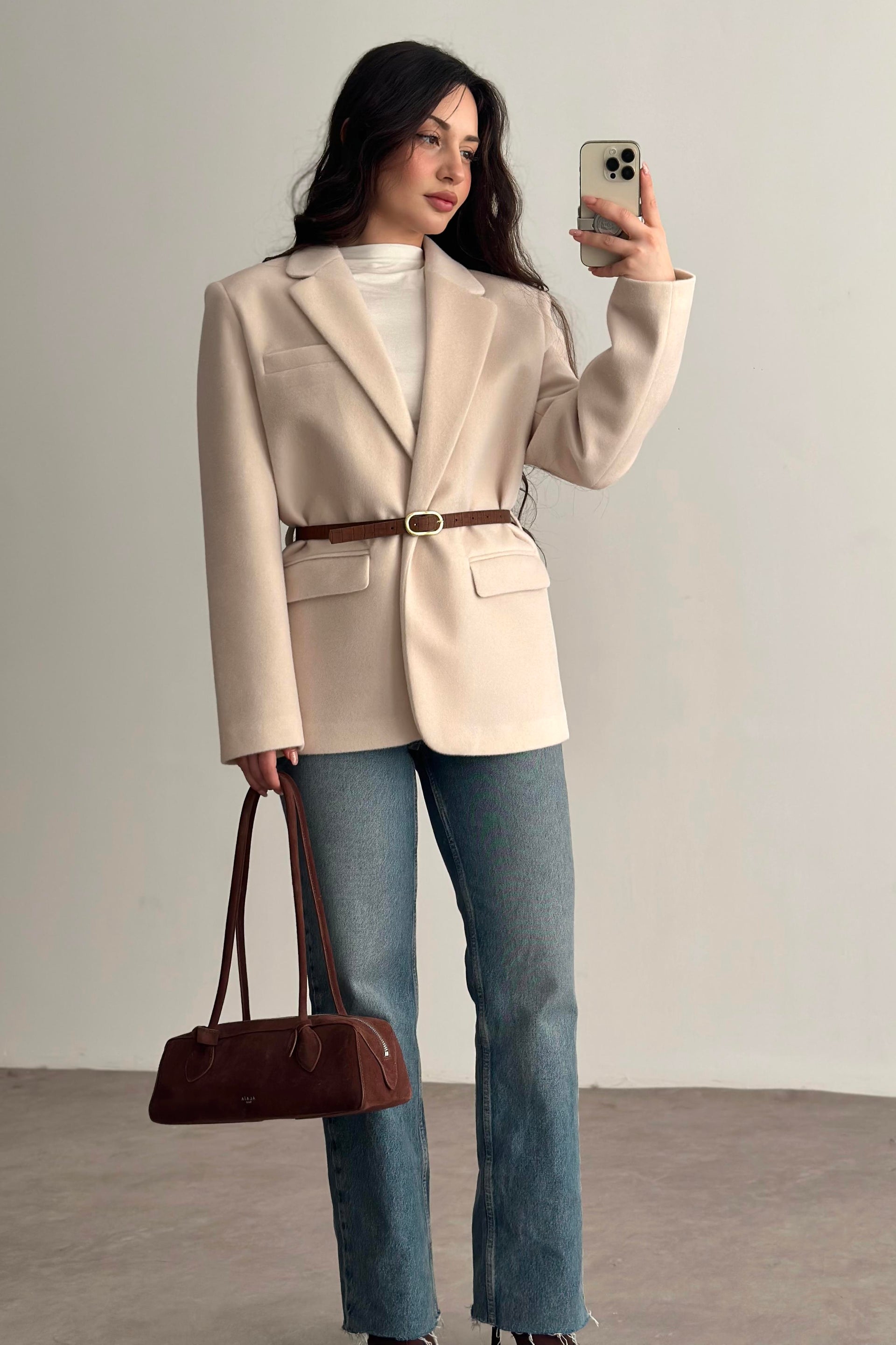 Premium Kemer Detaylı Dokulu Ekru Blazer Ceket