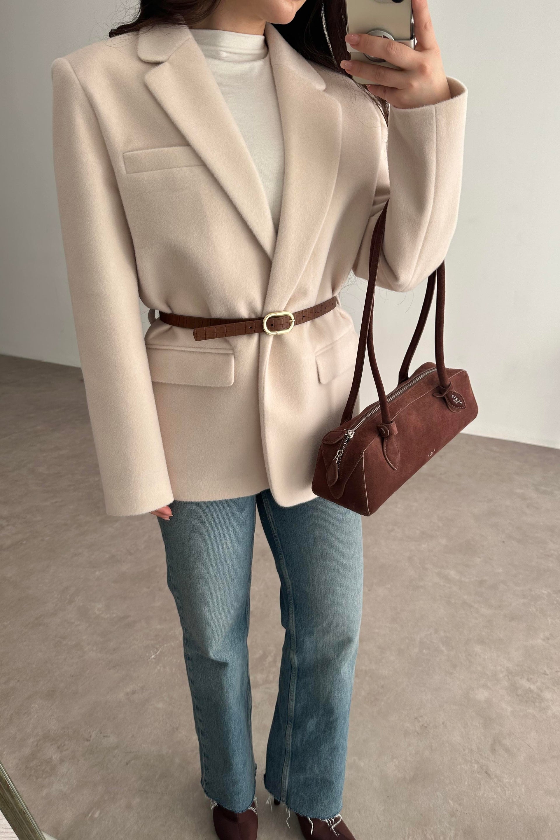 Premium Kemer Detaylı Dokulu Ekru Blazer Ceket