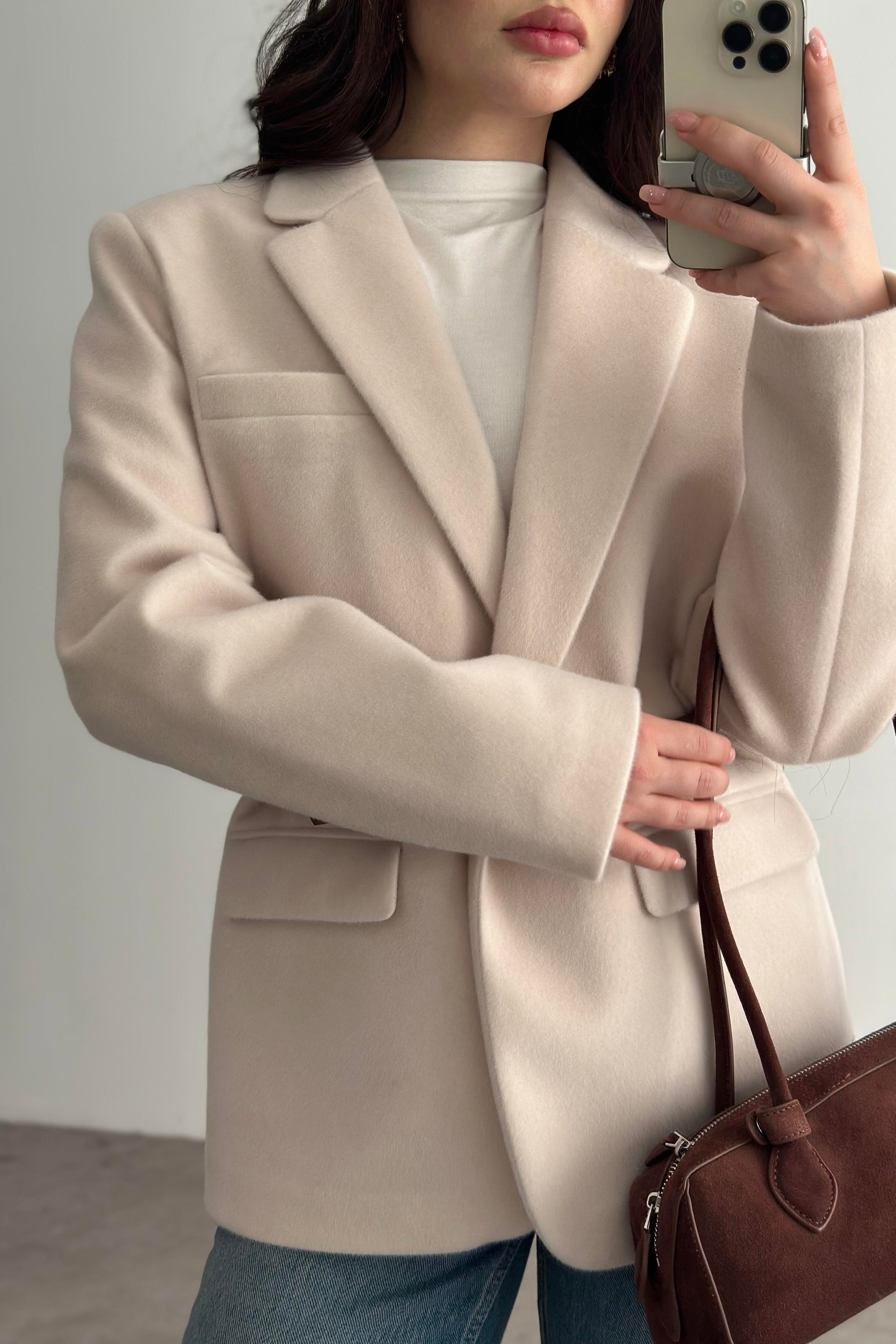 Premium Kemer Detaylı Dokulu Ekru Blazer Ceket