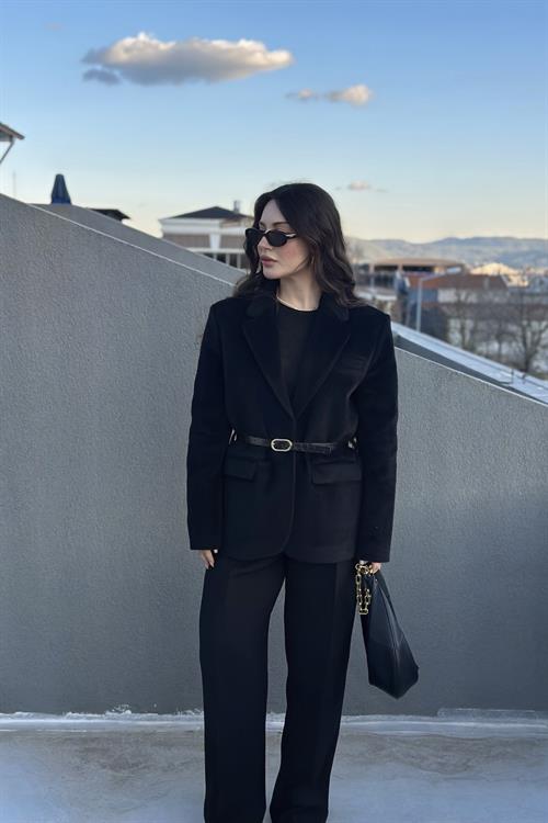 Premium Kemer Detaylı Dokulu Siyah Blazer Ceket