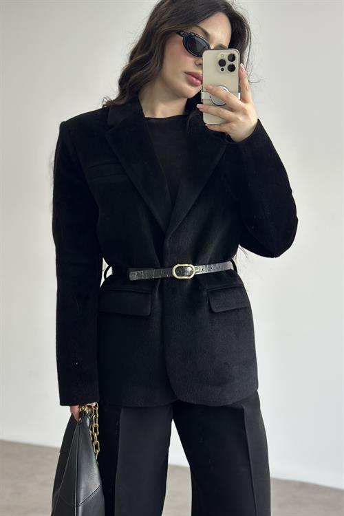 Premium Kemer Detaylı Dokulu Siyah Blazer Ceket