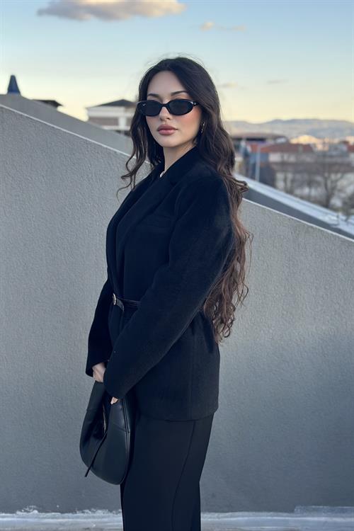 Premium Kemer Detaylı Dokulu Siyah Blazer Ceket