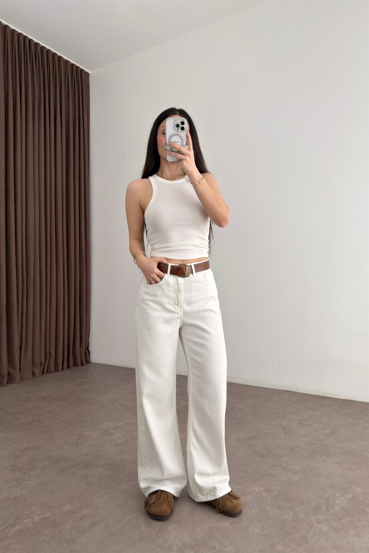 Premium Kemerli Ekru Straight Jean