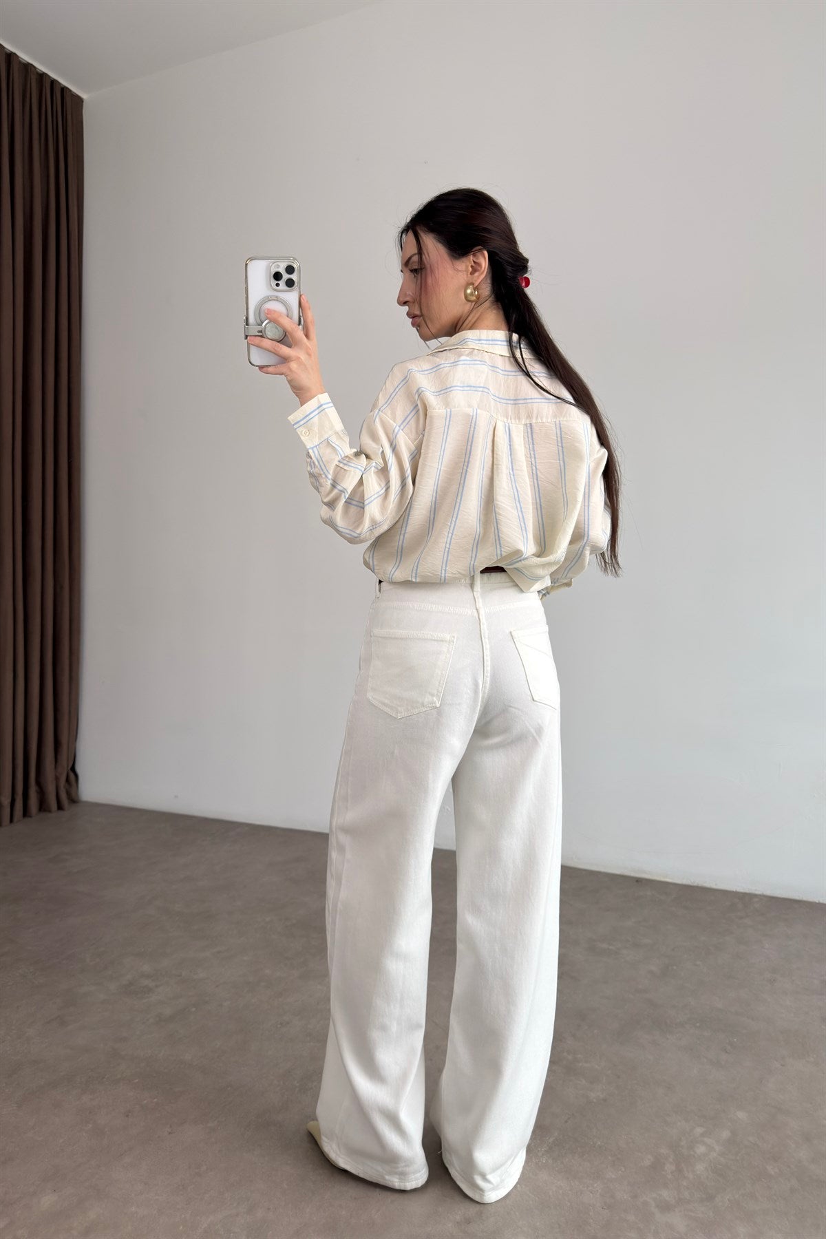 Premium Kemerli Ekru Straight Jean